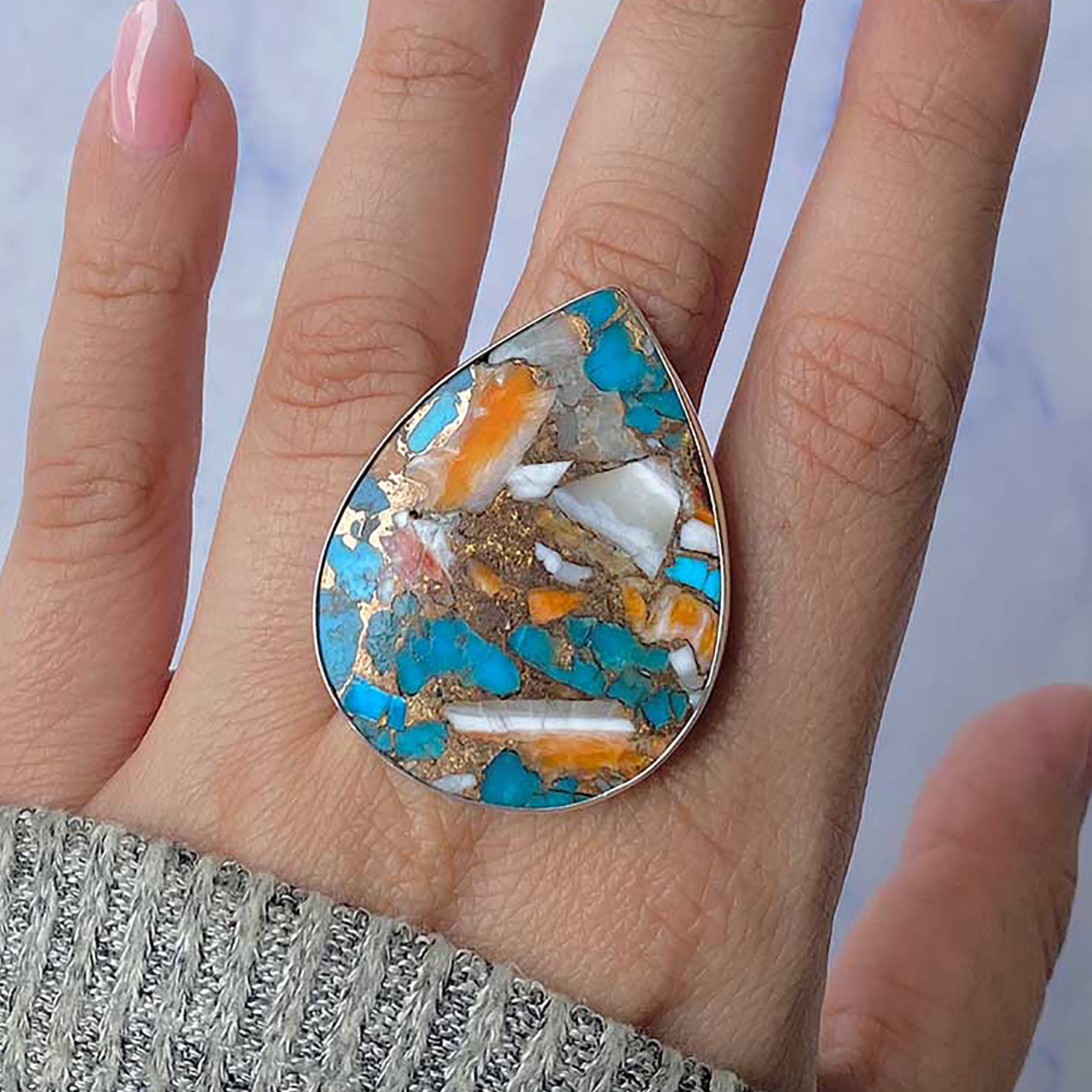 Spiny Oyster Turquoise Adjustable Ring-(TRO-R-62.)