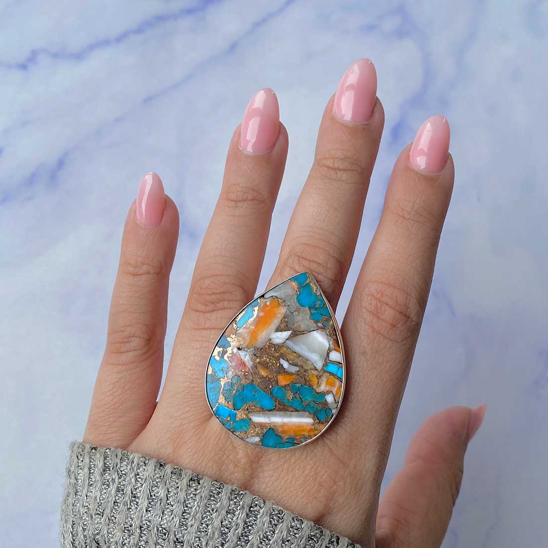 Spiny Oyster Turquoise Adjustable Ring-(TRO-R-62.)