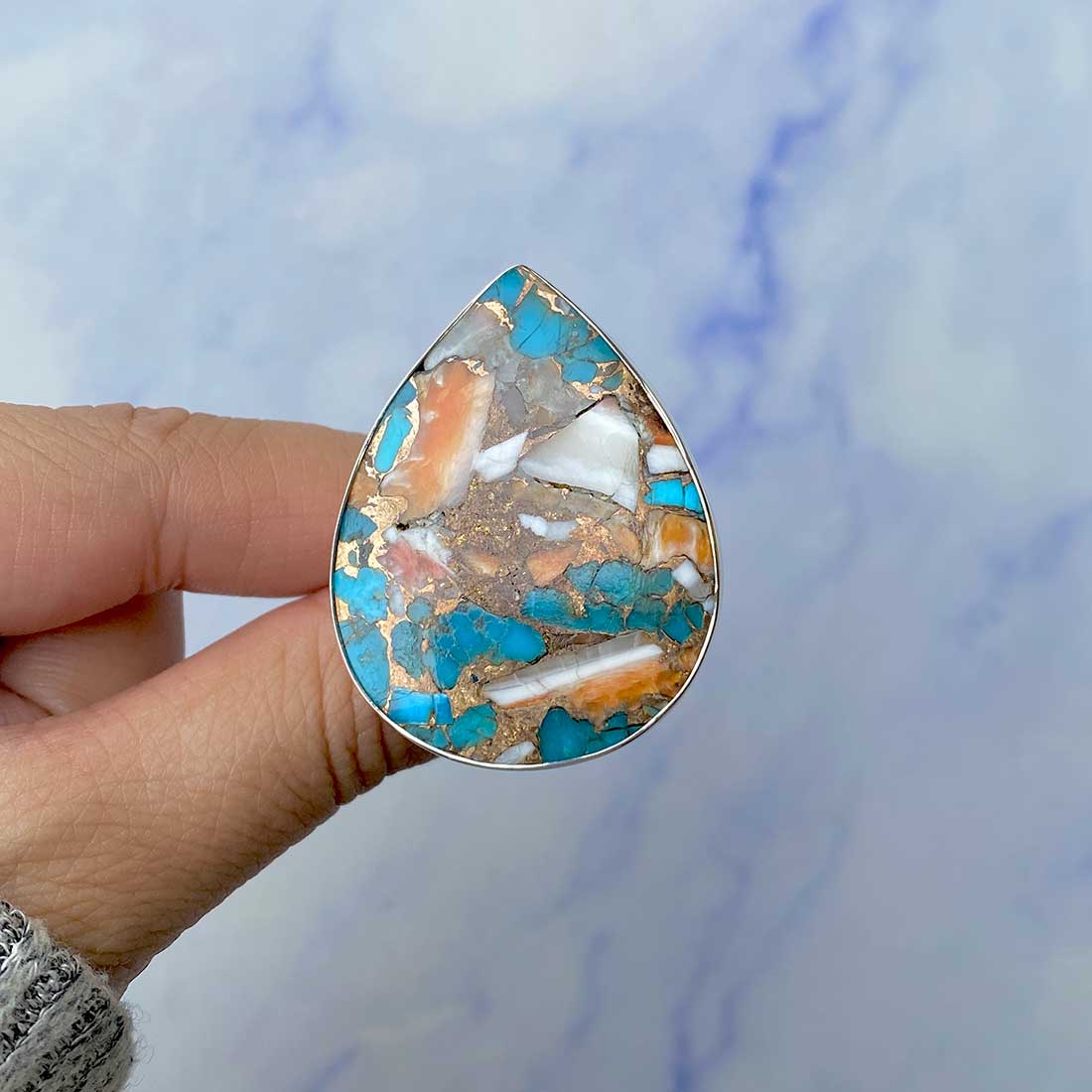 Spiny Oyster Turquoise Adjustable Ring-(TRO-R-62.)