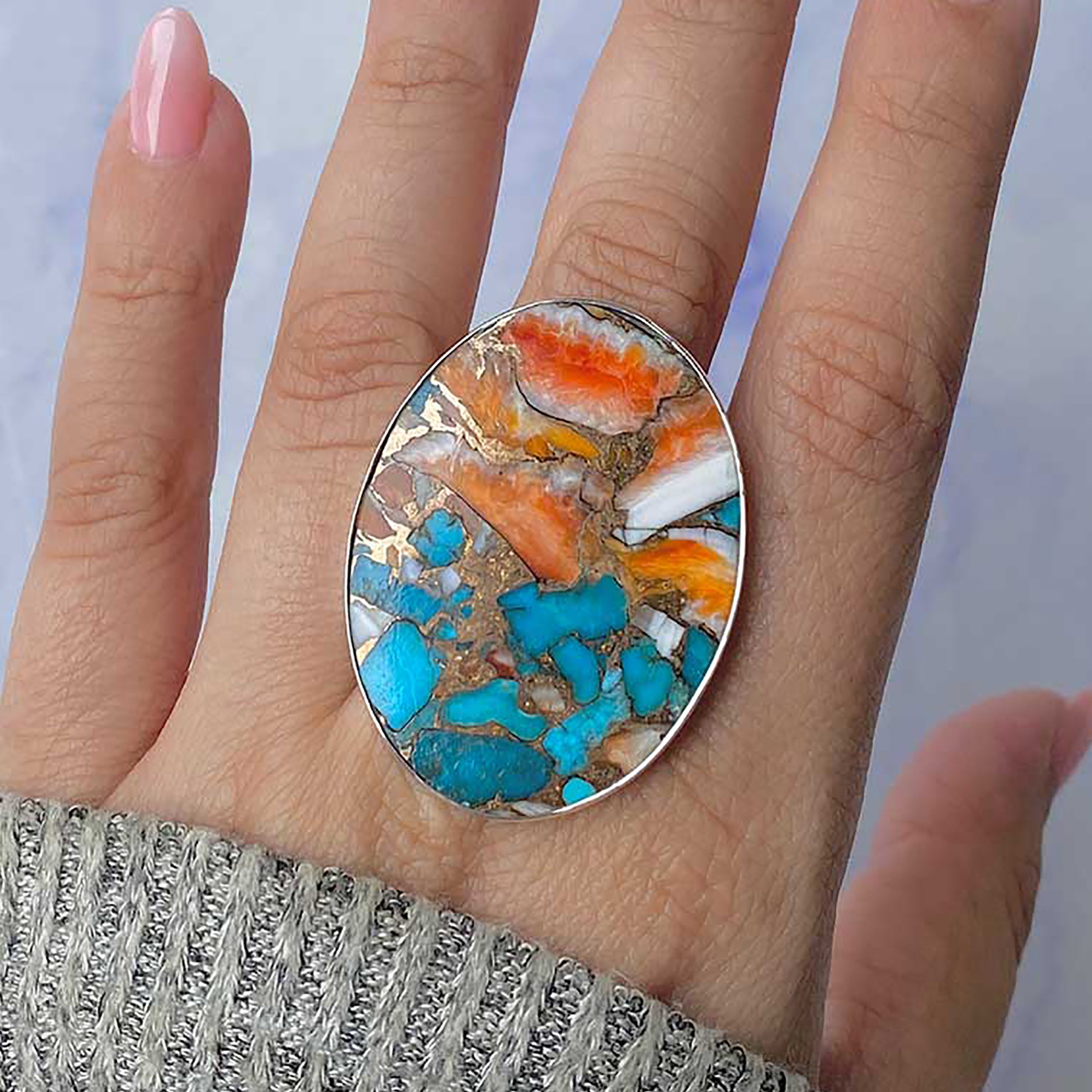 Spiny Oyster Turquoise Adjustable Ring-(TRO-R-63.)