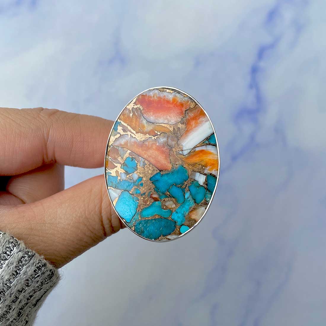 Spiny Oyster Turquoise Adjustable Ring-(TRO-R-63.)