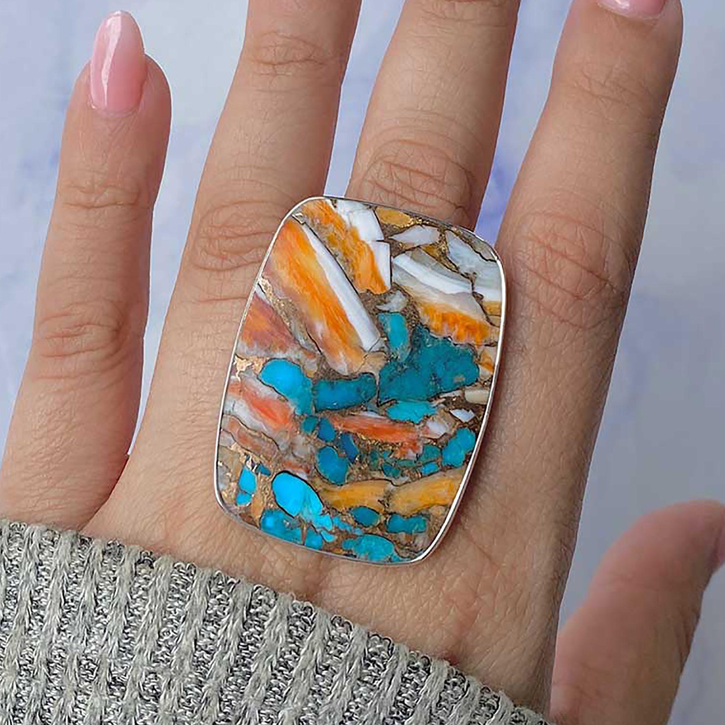 Spiny Oyster Turquoise Adjustable Ring-(TRO-R-65.)