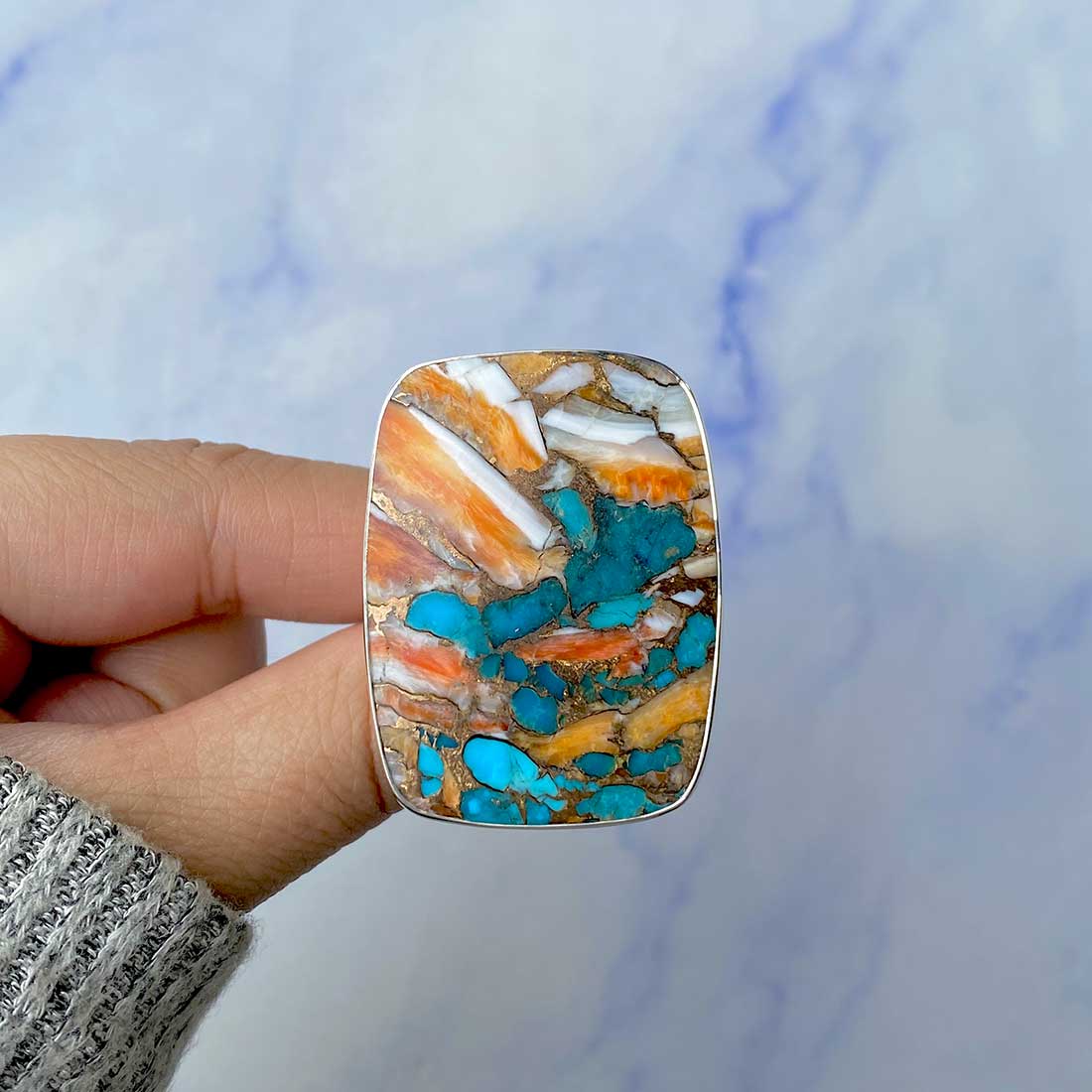 Spiny Oyster Turquoise Adjustable Ring-(TRO-R-65.)