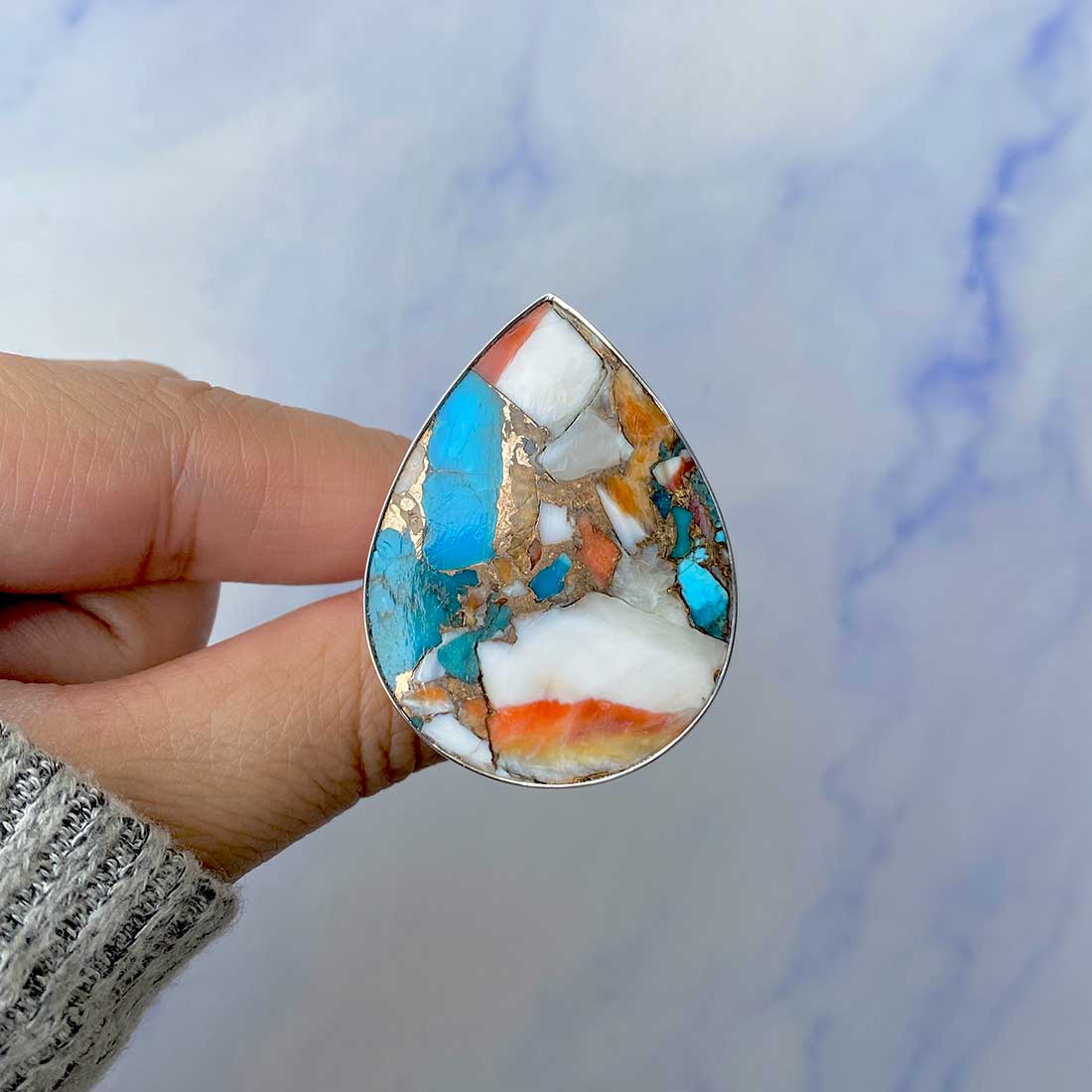 Spiny Oyster Turquoise Adjustable Ring-(TRO-R-66.)