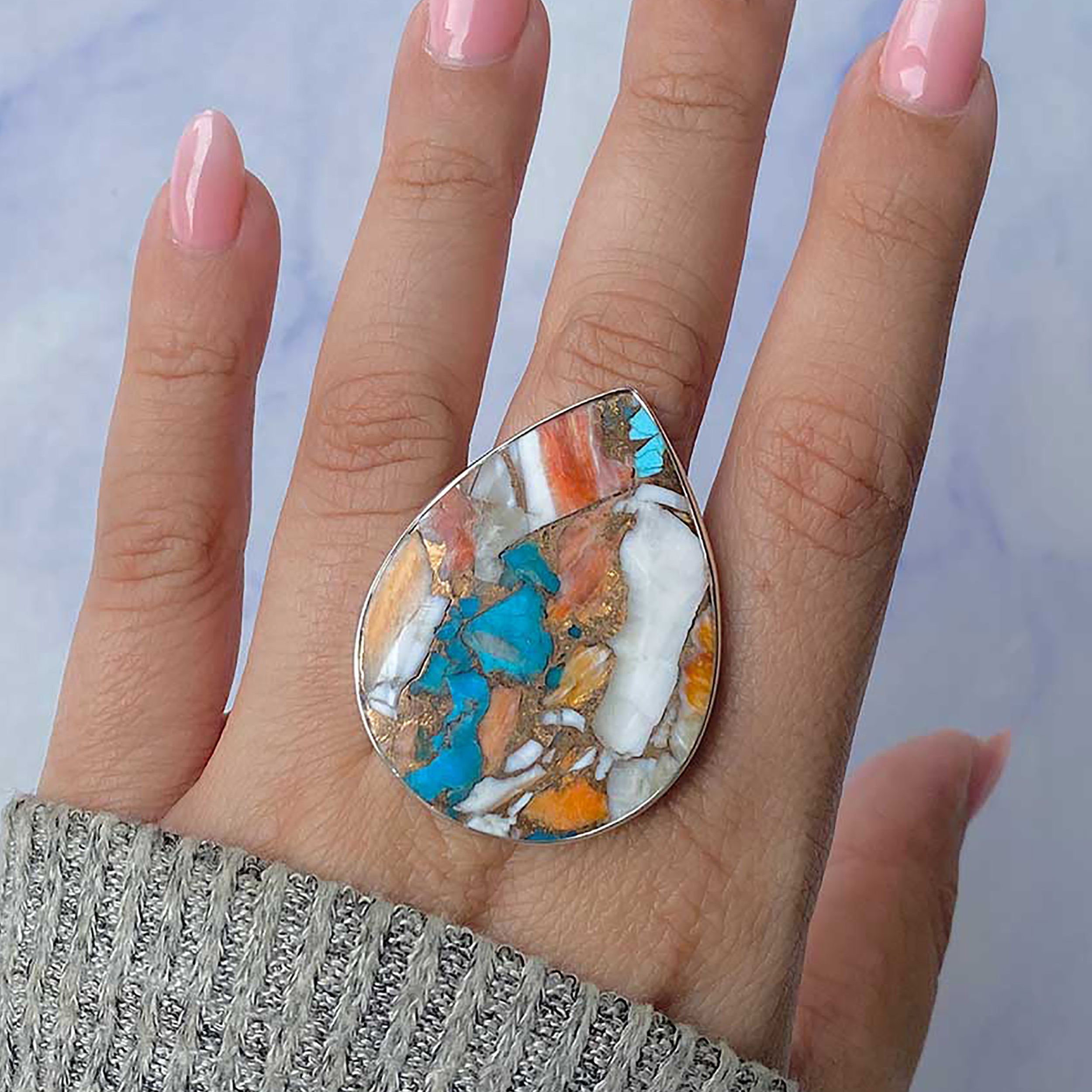 Spiny Oyster Turquoise Adjustable Ring-(TRO-R-67.)