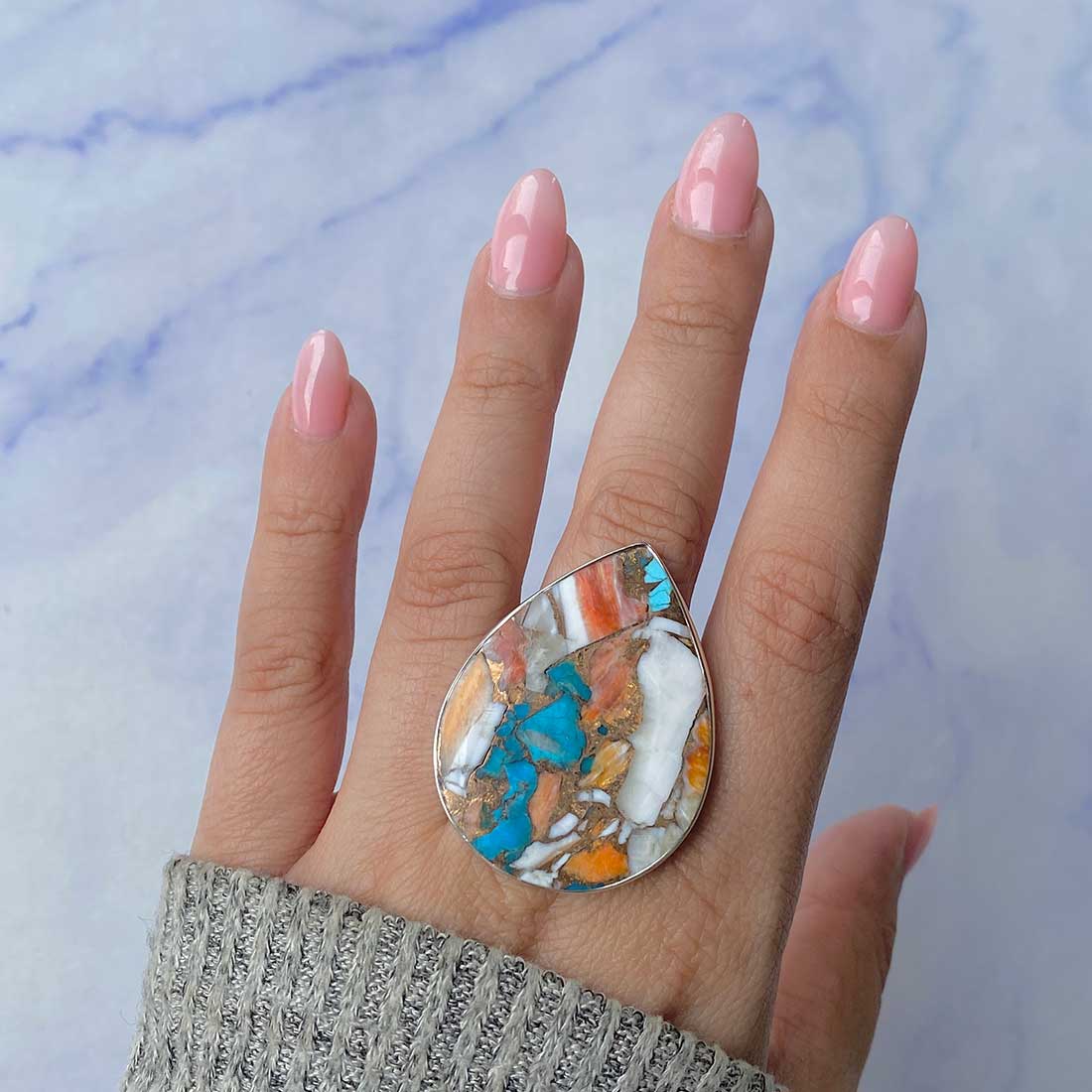 Spiny Oyster Turquoise Adjustable Ring-(TRO-R-67.)