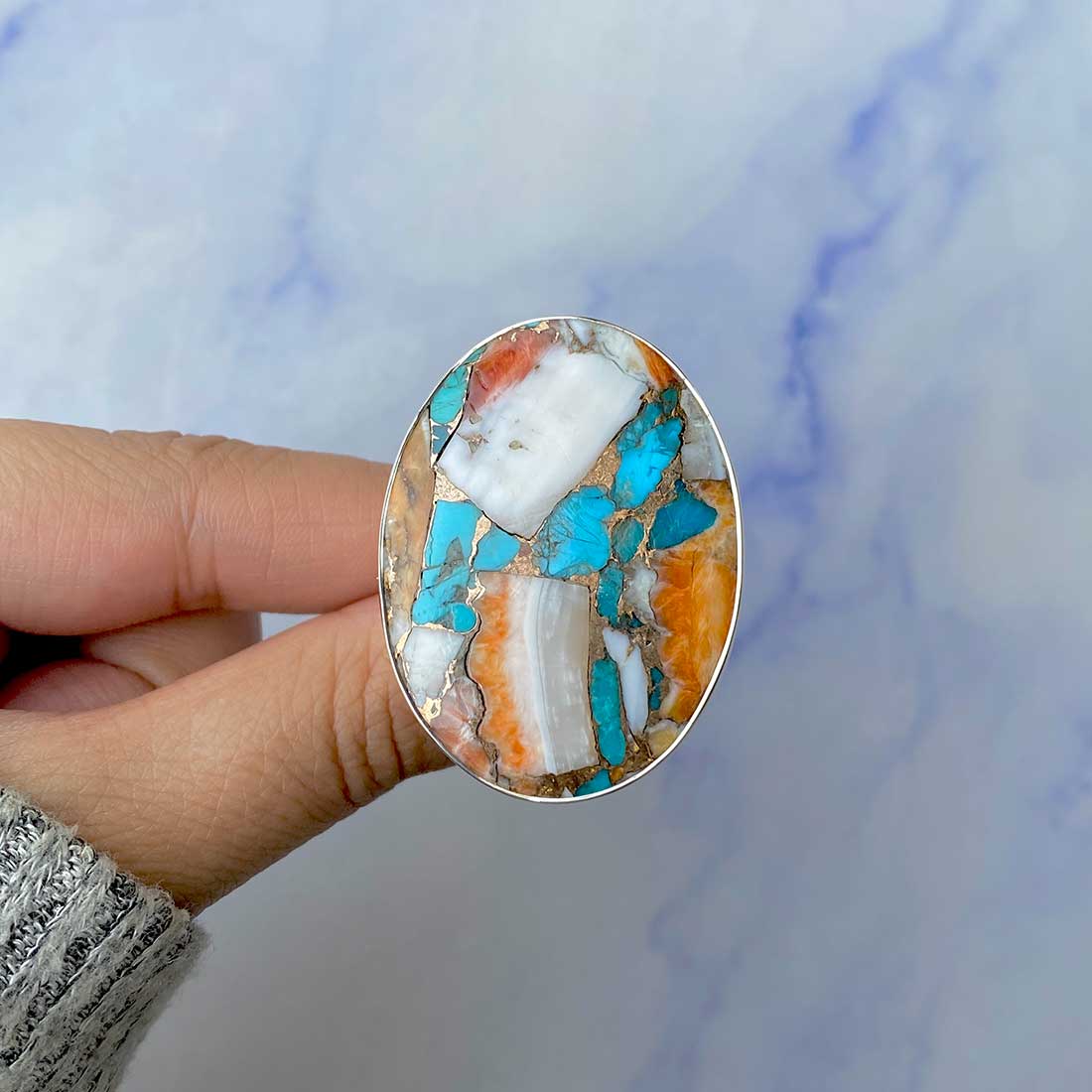 Spiny Oyster Turquoise Adjustable Ring-(TRO-R-69.)