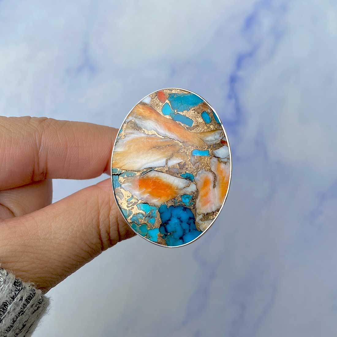 Spiny Oyster Turquoise Adjustable Ring-(TRO-R-70.)