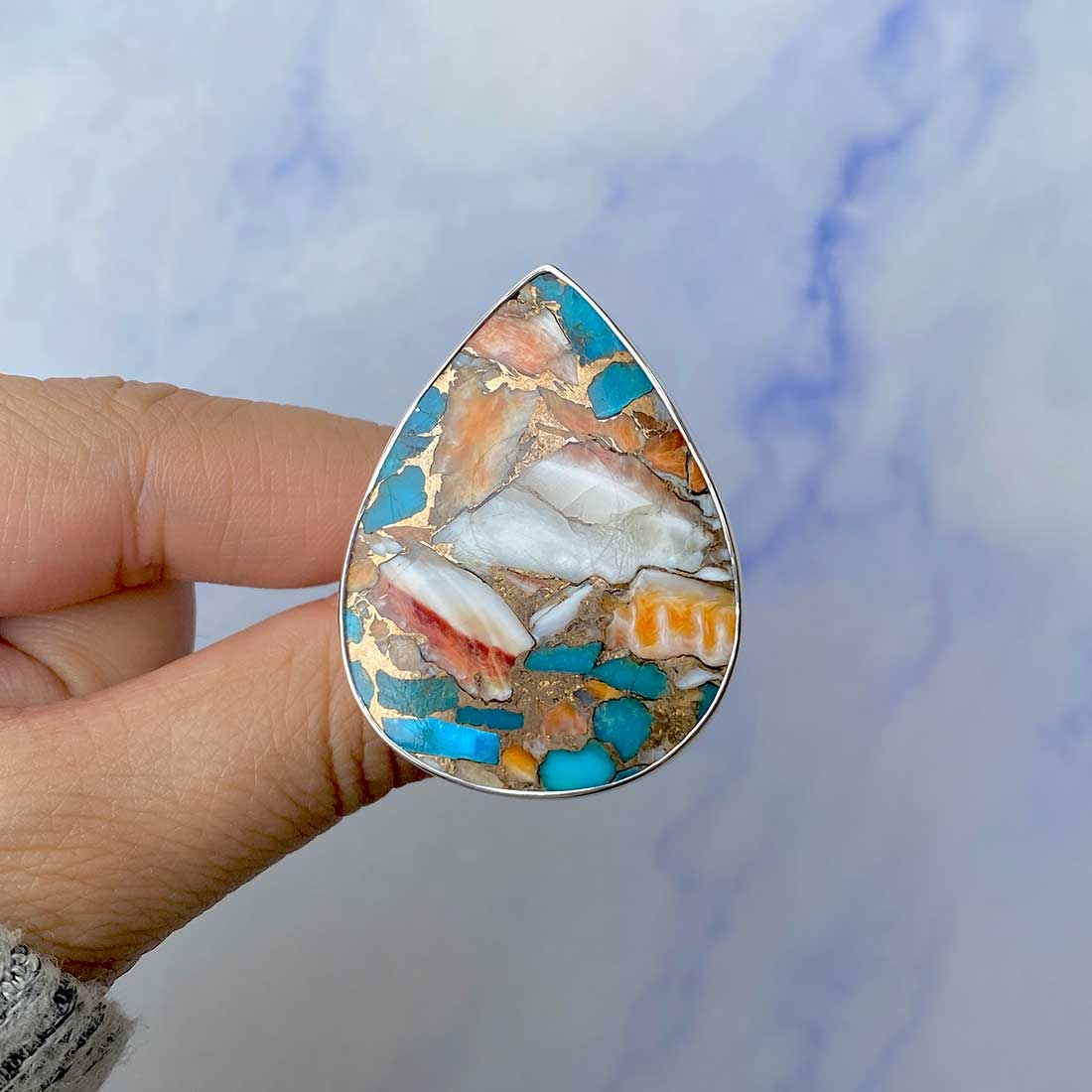 Spiny Oyster Turquoise Adjustable Ring-(TRO-R-71.)