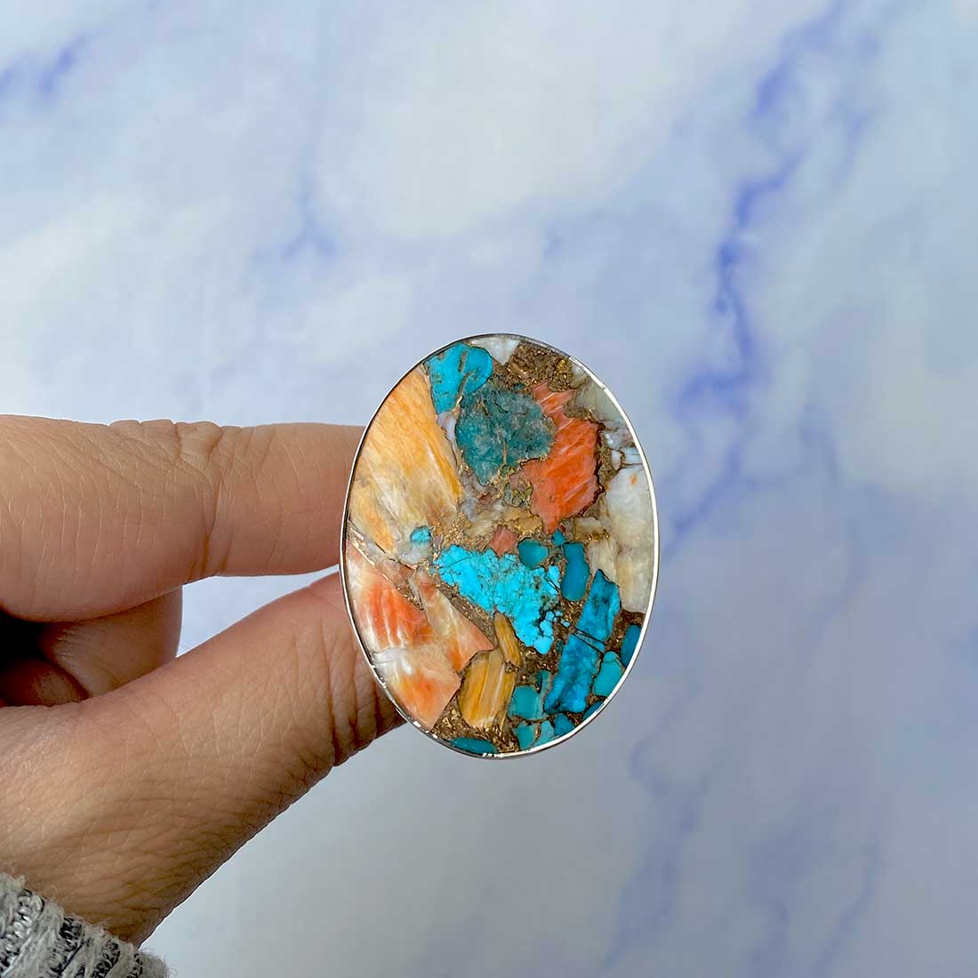 Spiny Oyster Turquoise Adjustable Ring-(TRO-R-72.)