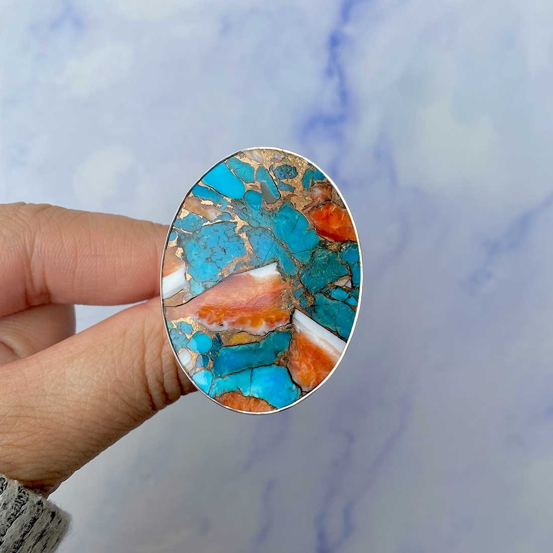 Spiny Oyster Turquoise Adjustable Ring-(TRO-R-73.)