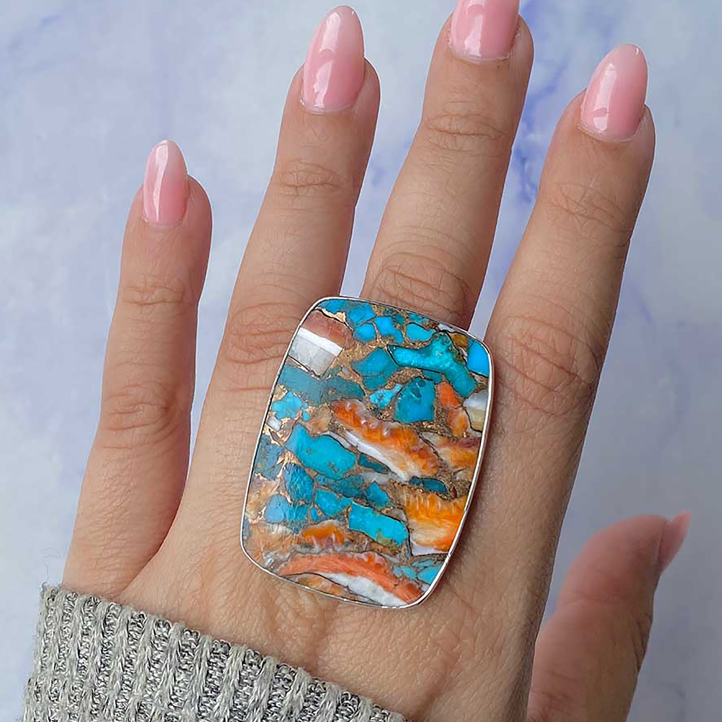Spiny Oyster Turquoise Adjustable Ring-(TRO-R-74.)