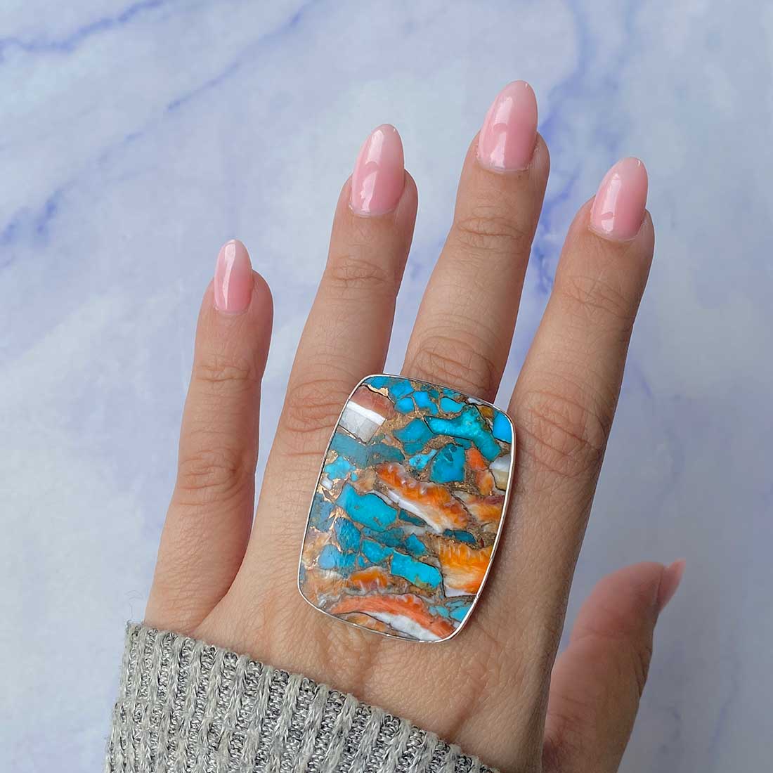 Spiny Oyster Turquoise Adjustable Ring-(TRO-R-74.)