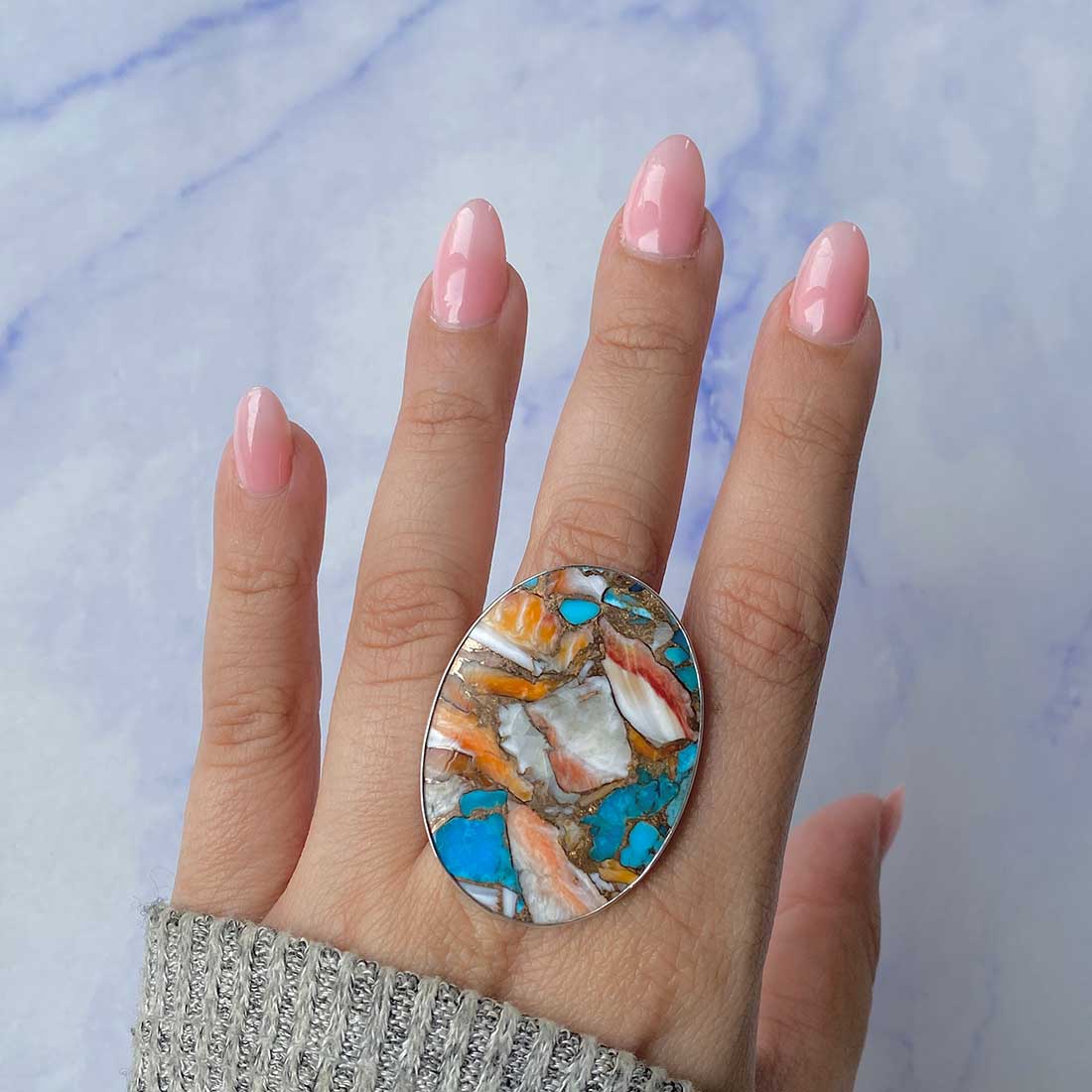 Spiny Oyster Turquoise Adjustable Ring-(TRO-R-75.)