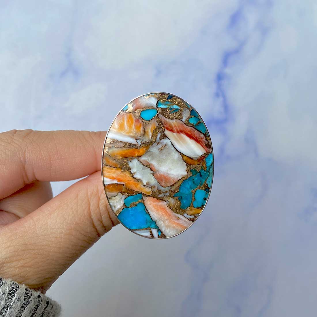 Spiny Oyster Turquoise Adjustable Ring-(TRO-R-75.)