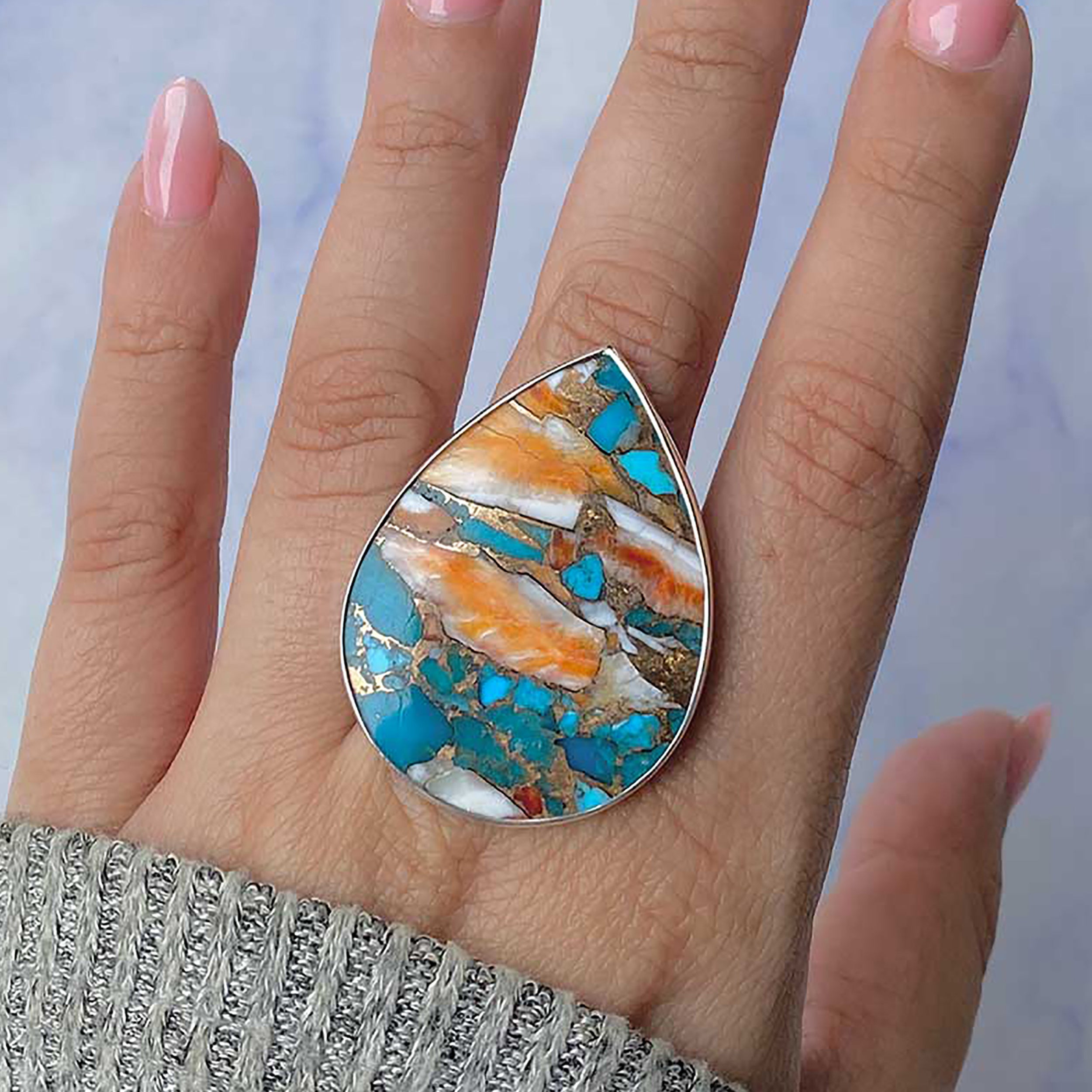 Spiny Oyster Turquoise Adjustable Ring-(TRO-R-76.)