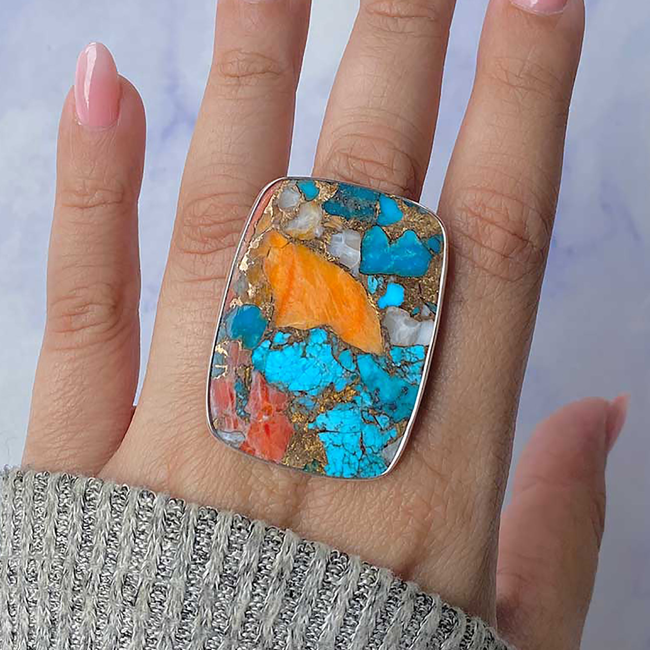 Spiny Oyster Turquoise Adjustable Ring-(TRO-R-77.)