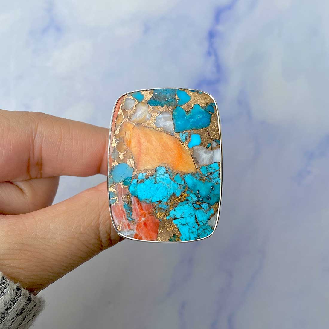 Spiny Oyster Turquoise Adjustable Ring-(TRO-R-77.)