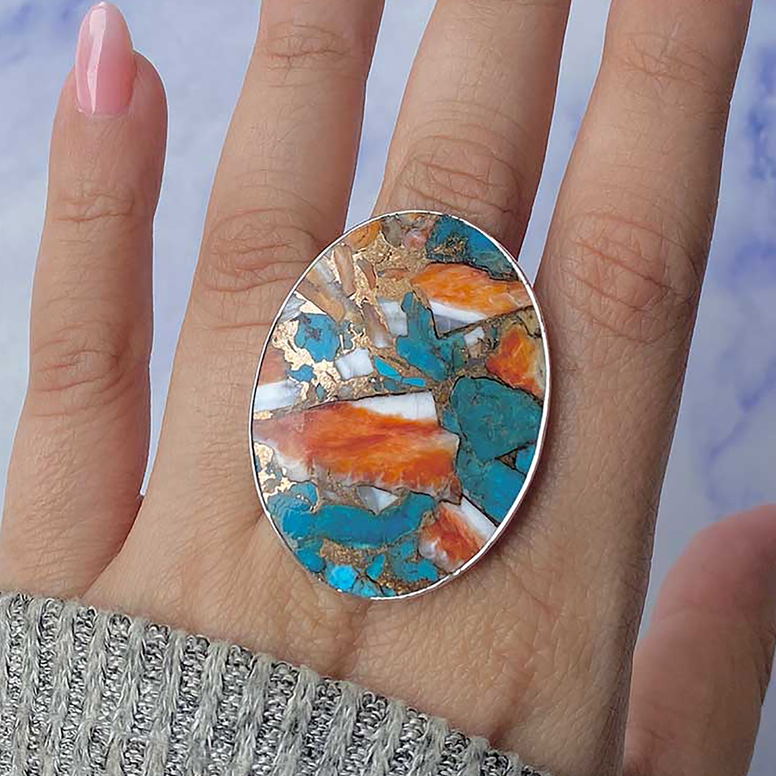 Spiny Oyster Turquoise Adjustable Ring-(TRO-R-78.)