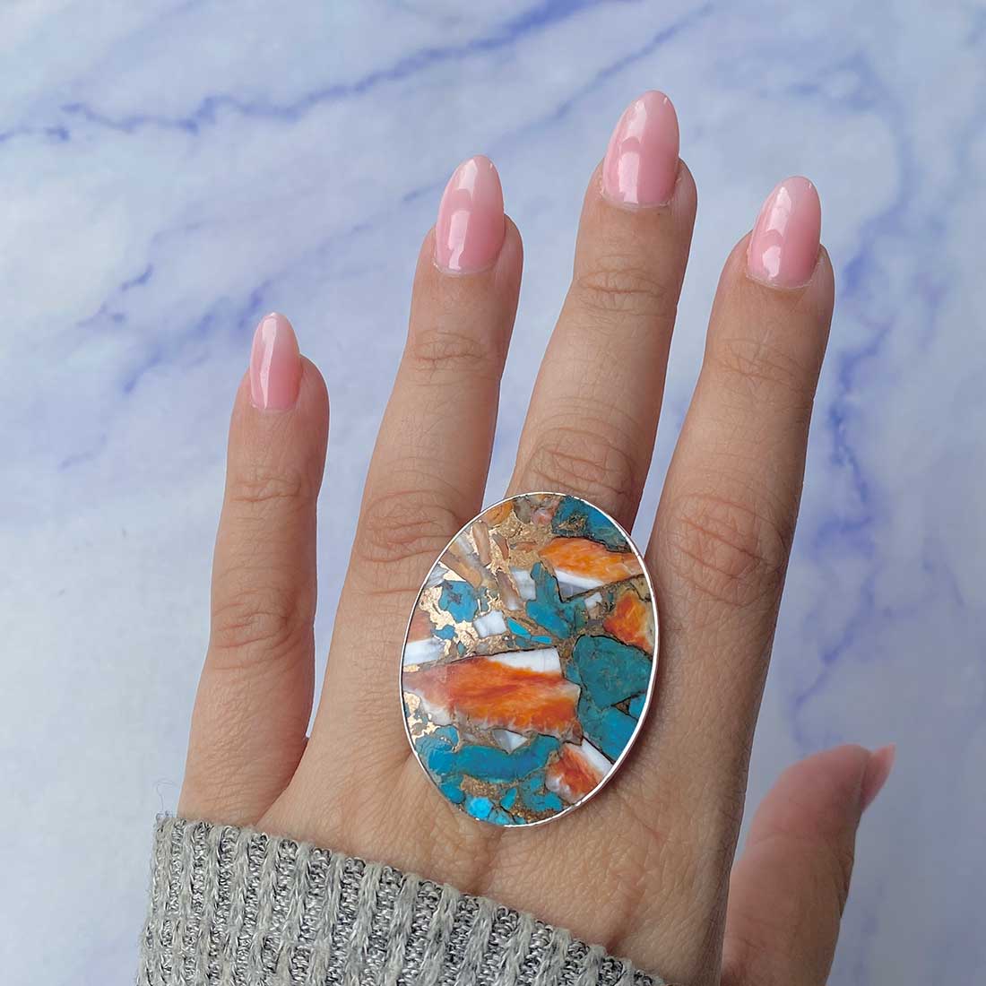 Spiny Oyster Turquoise Adjustable Ring-(TRO-R-78.)