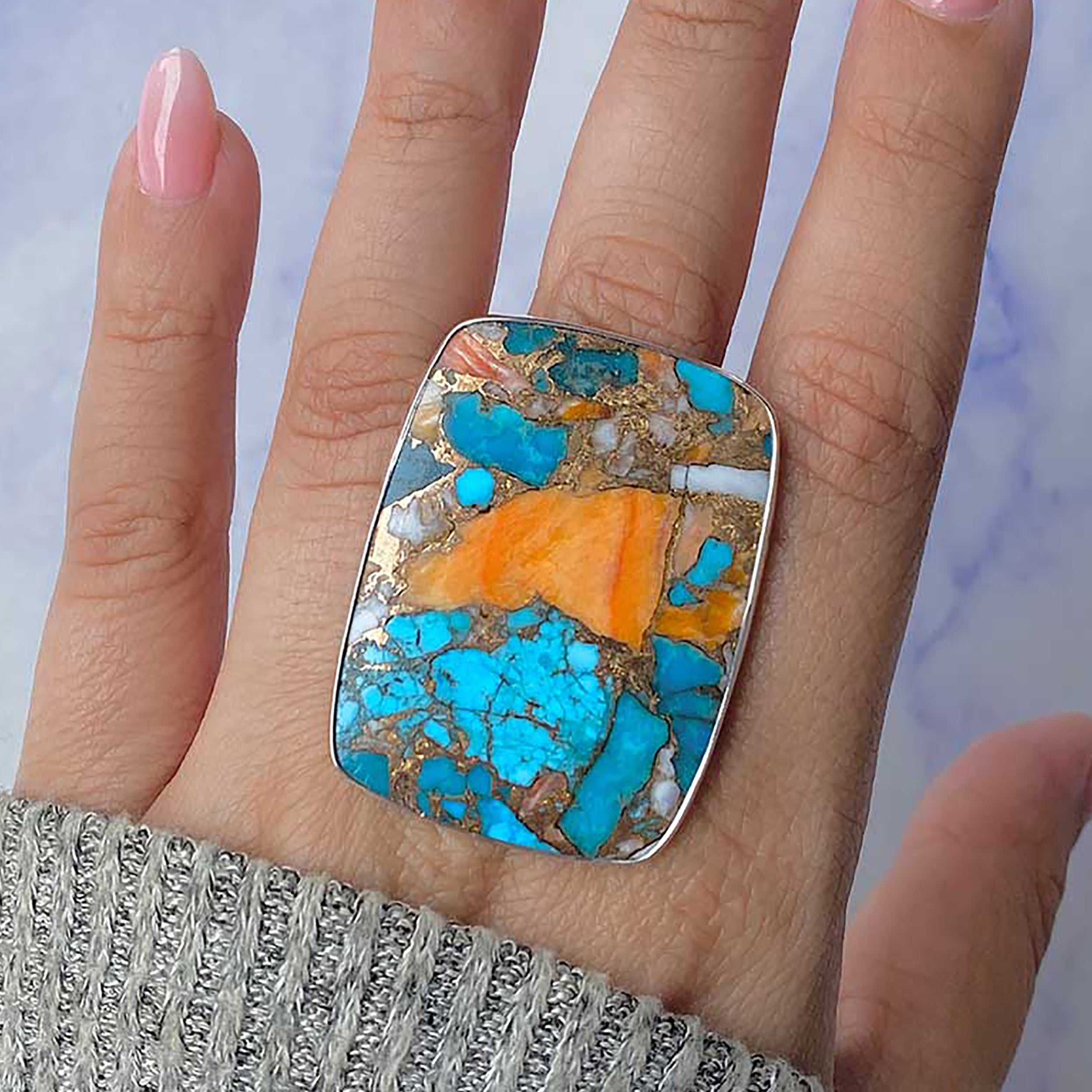 Spiny Oyster Turquoise Adjustable Ring-(TRO-R-79.)