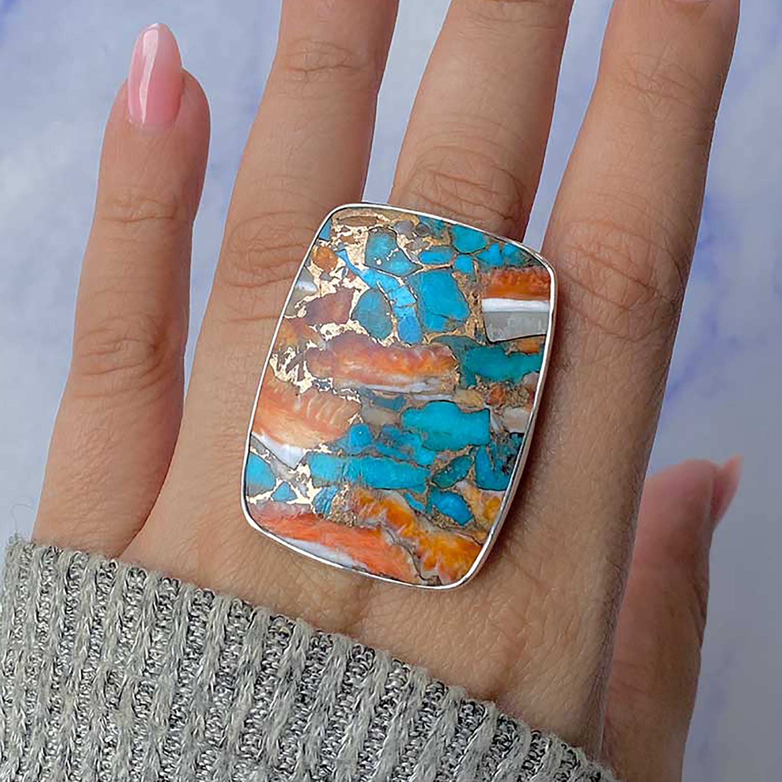 Spiny Oyster Turquoise Adjustable Ring-(TRO-R-80.)