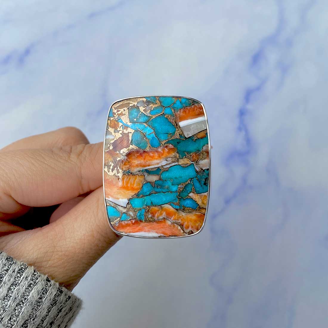 Spiny Oyster Turquoise Adjustable Ring-(TRO-R-80.)