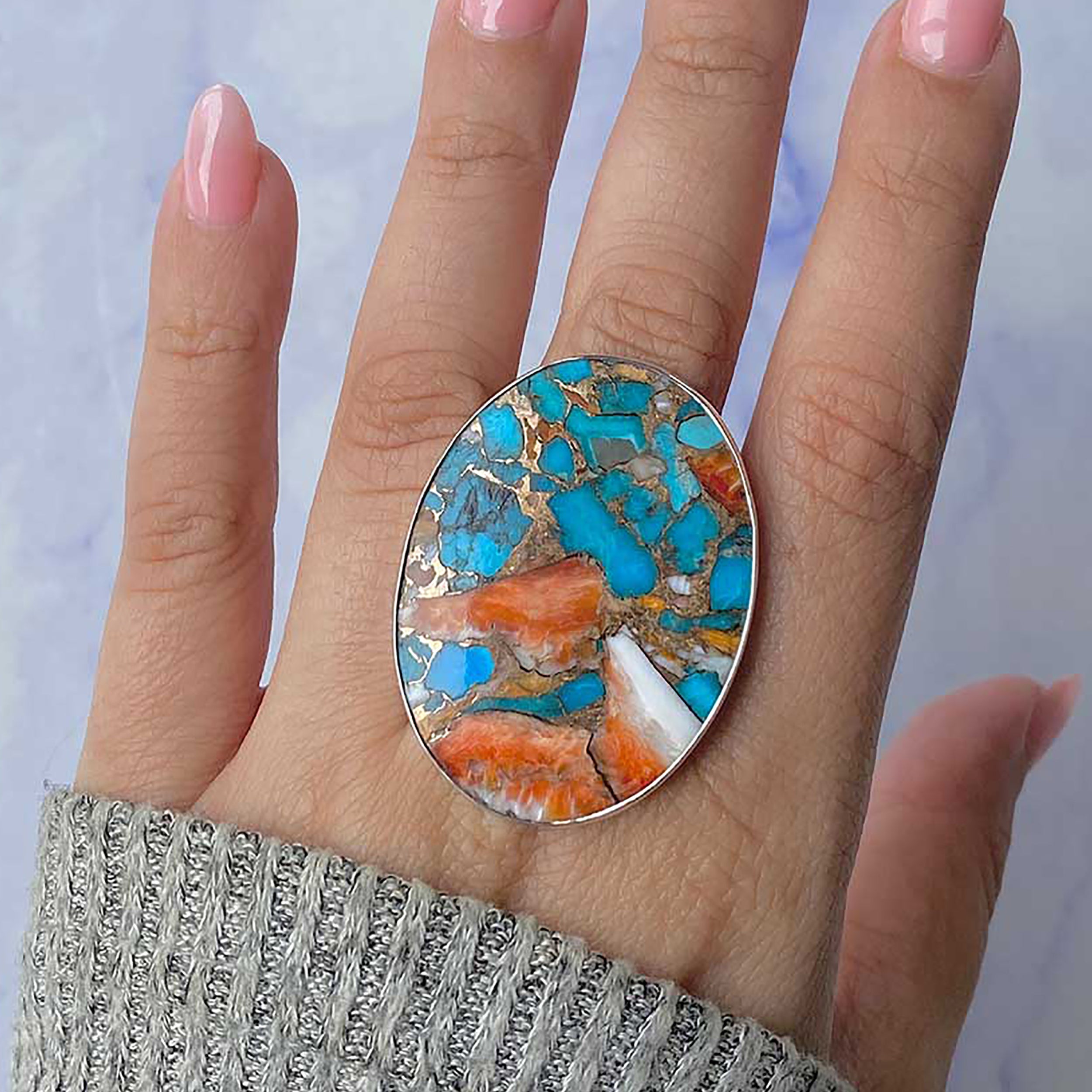 Spiny Oyster Turquoise Adjustable Ring-(TRO-R-82.)