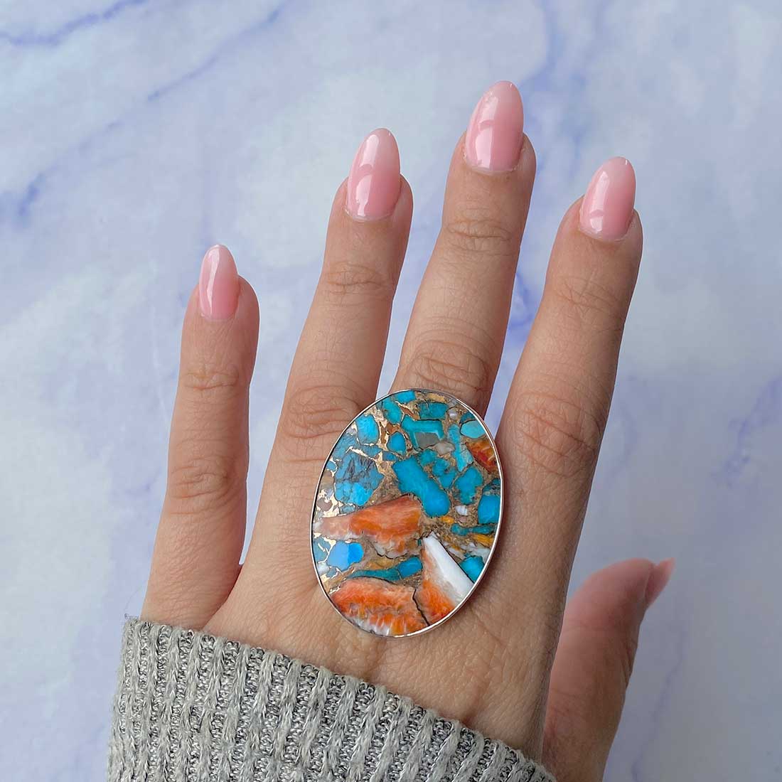 Spiny Oyster Turquoise Adjustable Ring-(TRO-R-82.)