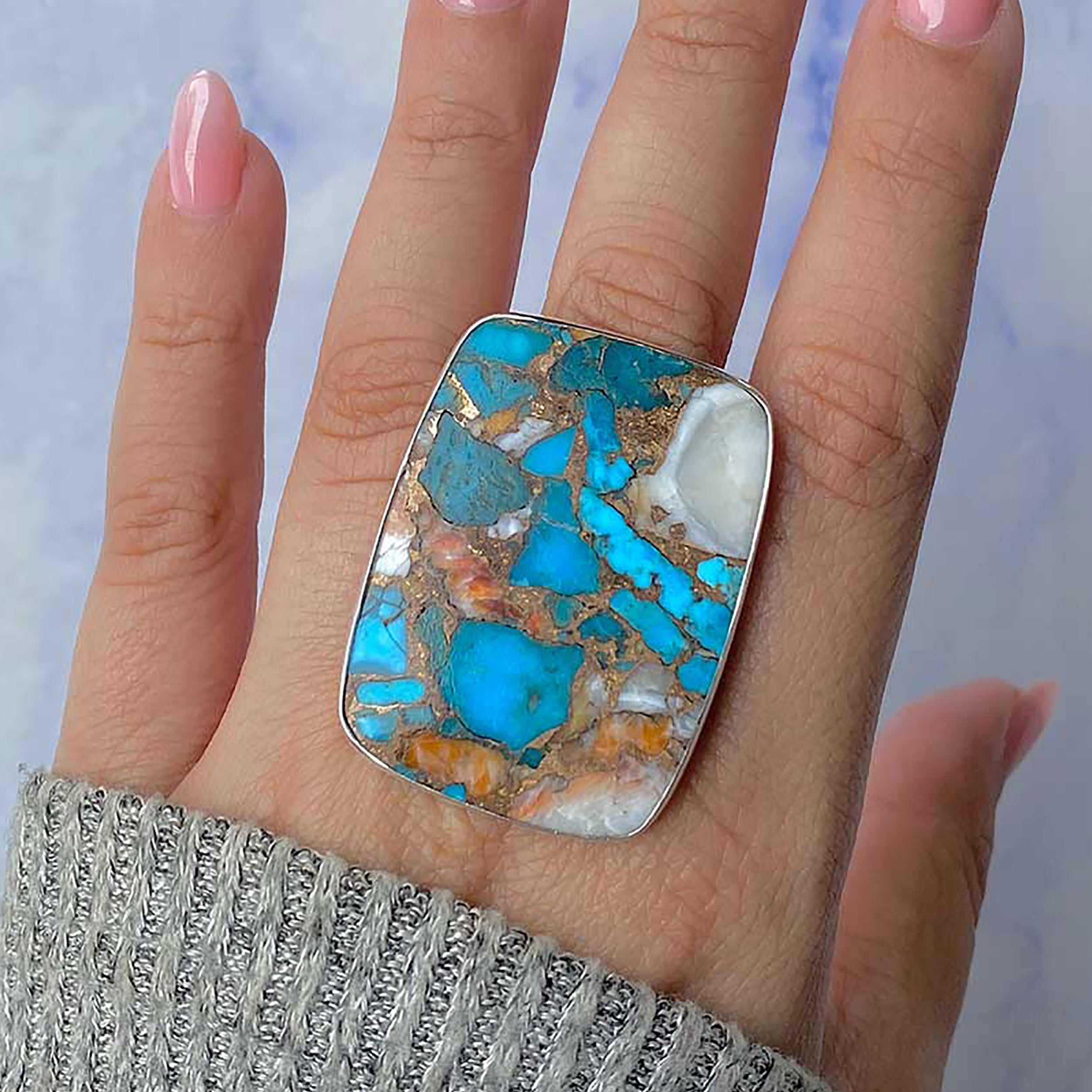 Spiny Oyster Turquoise Adjustable Ring-(TRO-R-84.)