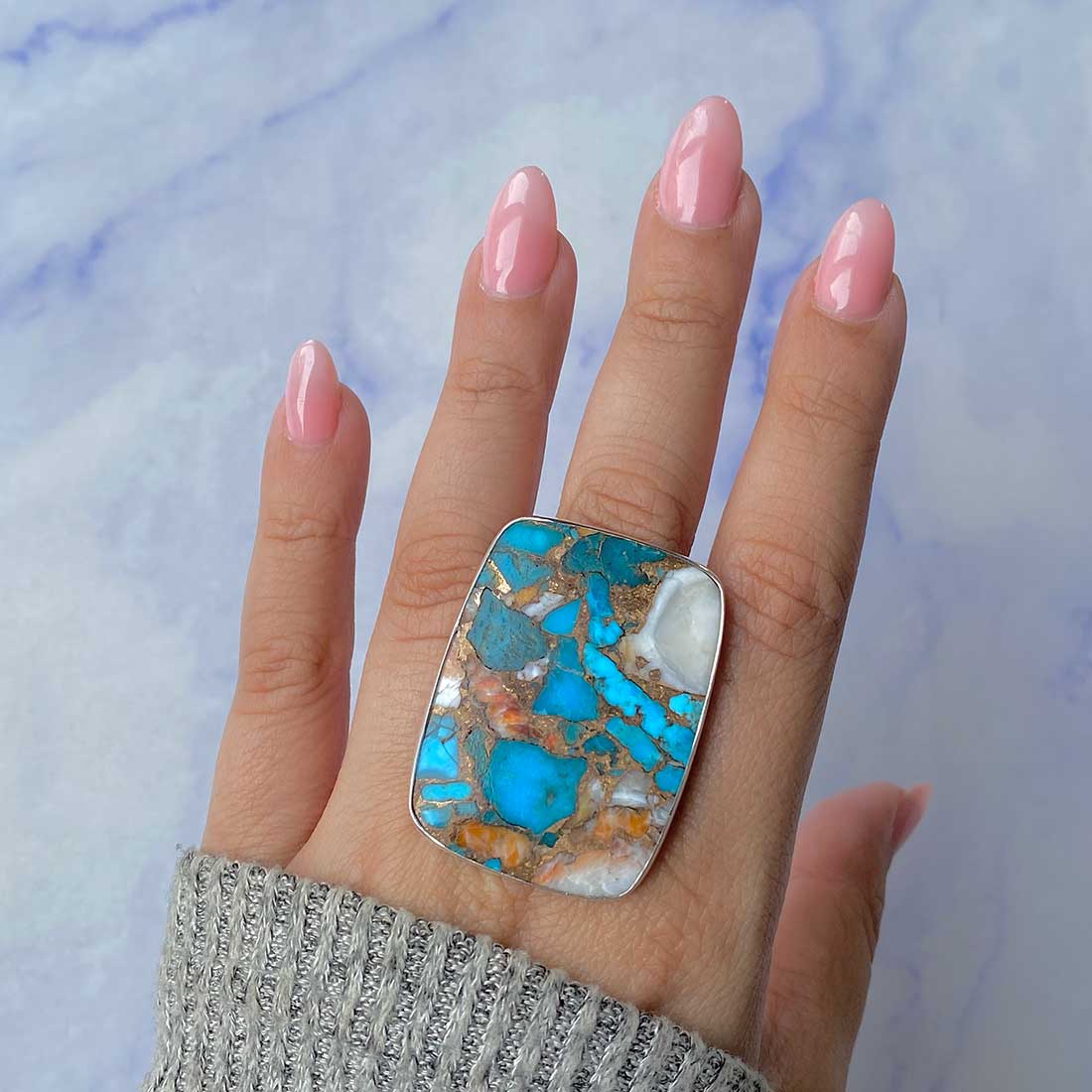 Spiny Oyster Turquoise Adjustable Ring-(TRO-R-84.)