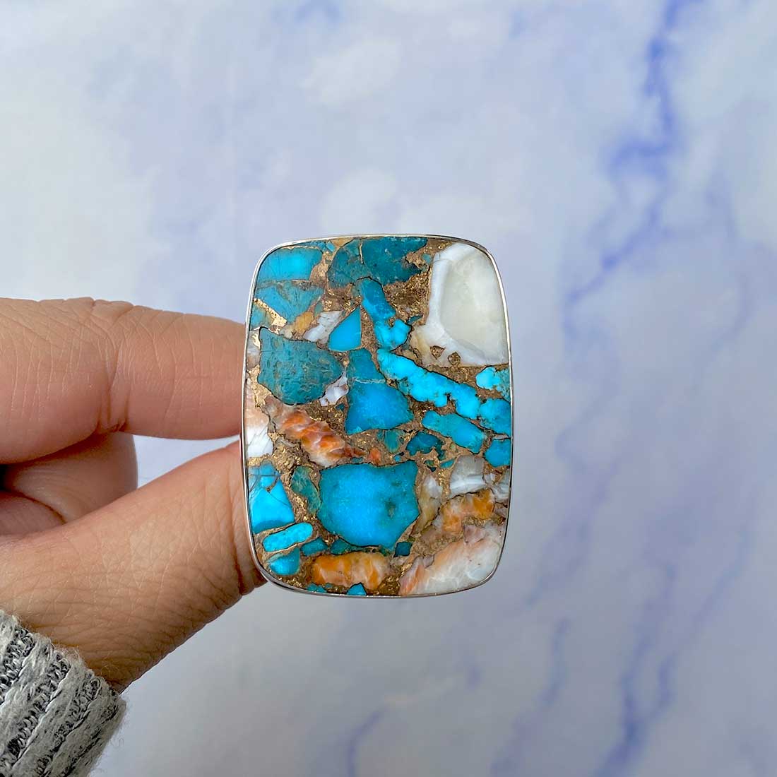 Spiny Oyster Turquoise Adjustable Ring-(TRO-R-84.)