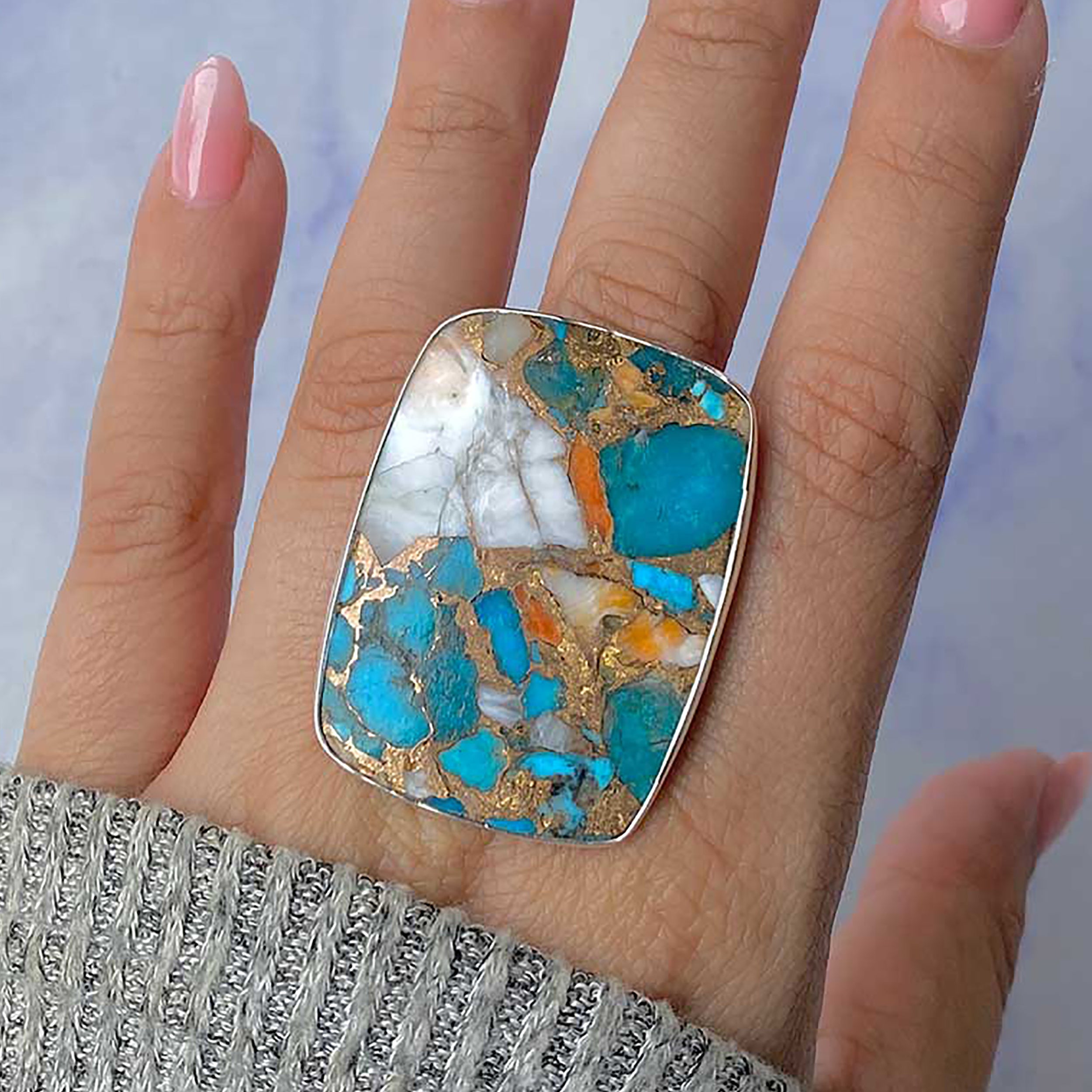 Spiny Oyster Turquoise Adjustable Ring-(TRO-R-85.)