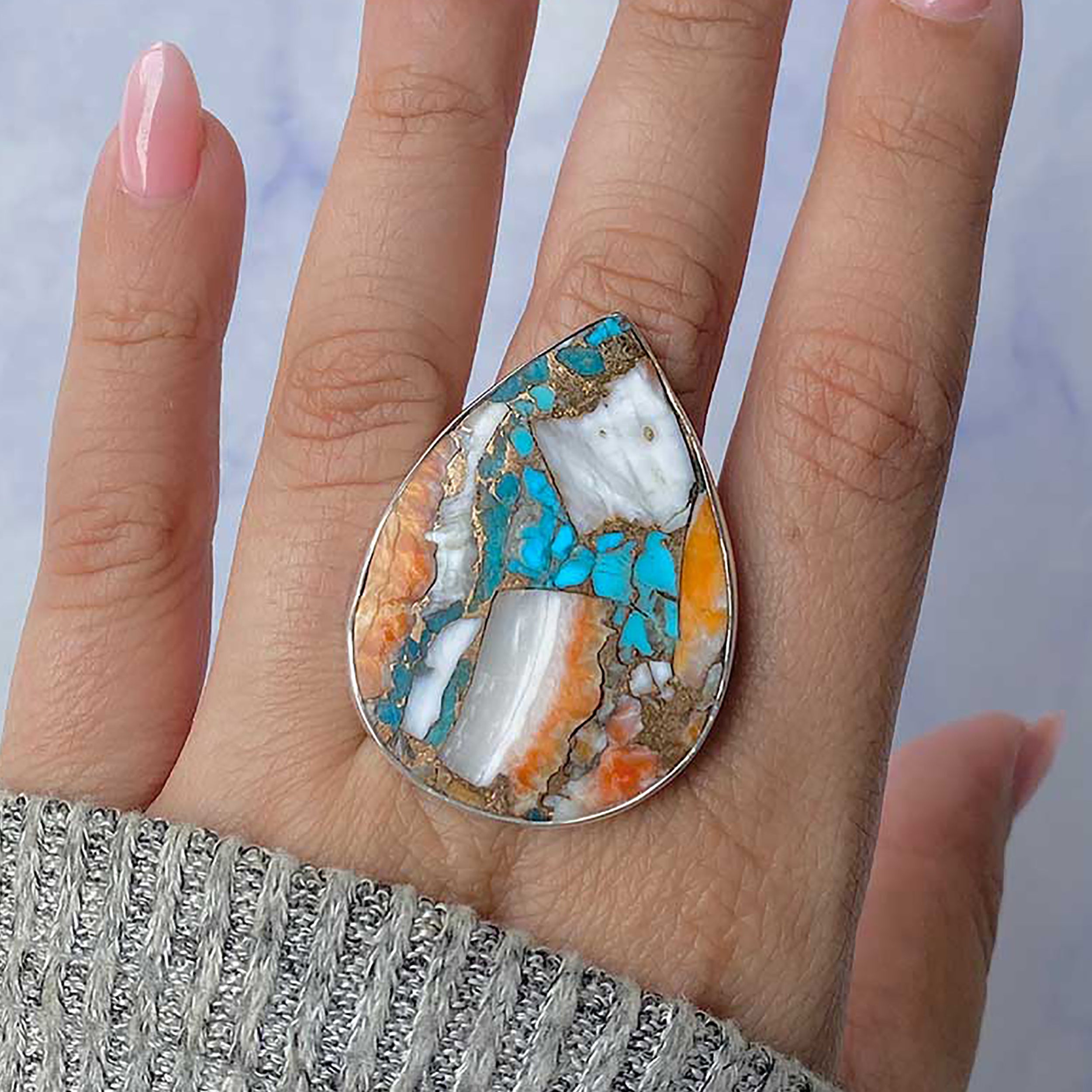 Spiny Oyster Turquoise Adjustable Ring-(TRO-R-86.)