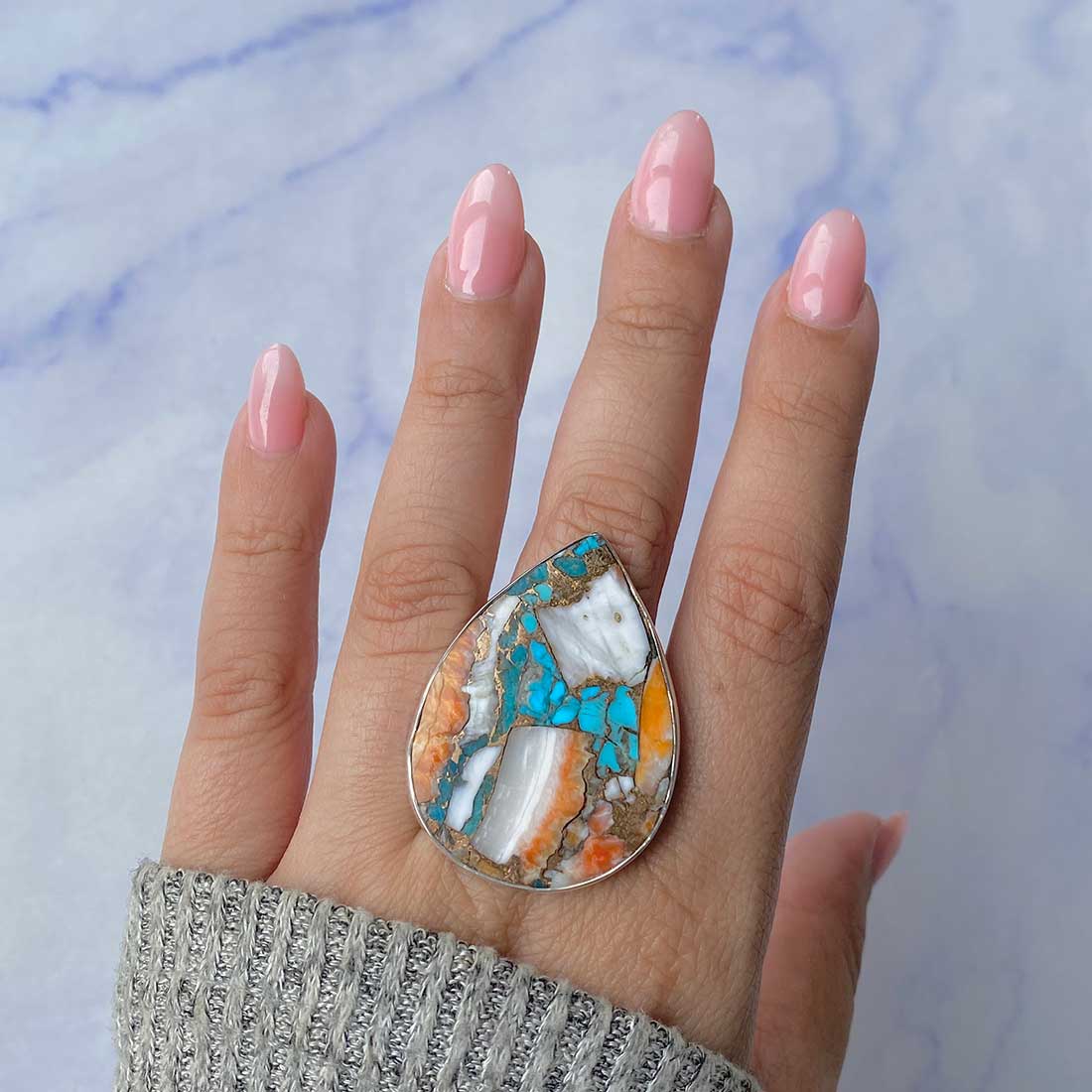 Spiny Oyster Turquoise Adjustable Ring-(TRO-R-86.)