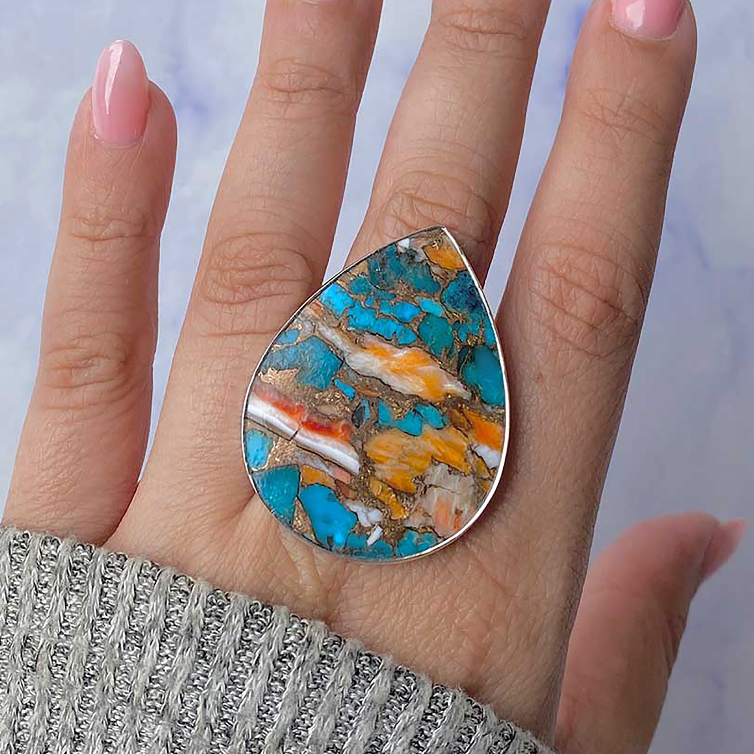 Spiny Oyster Turquoise Adjustable Ring-(TRO-R-87.)