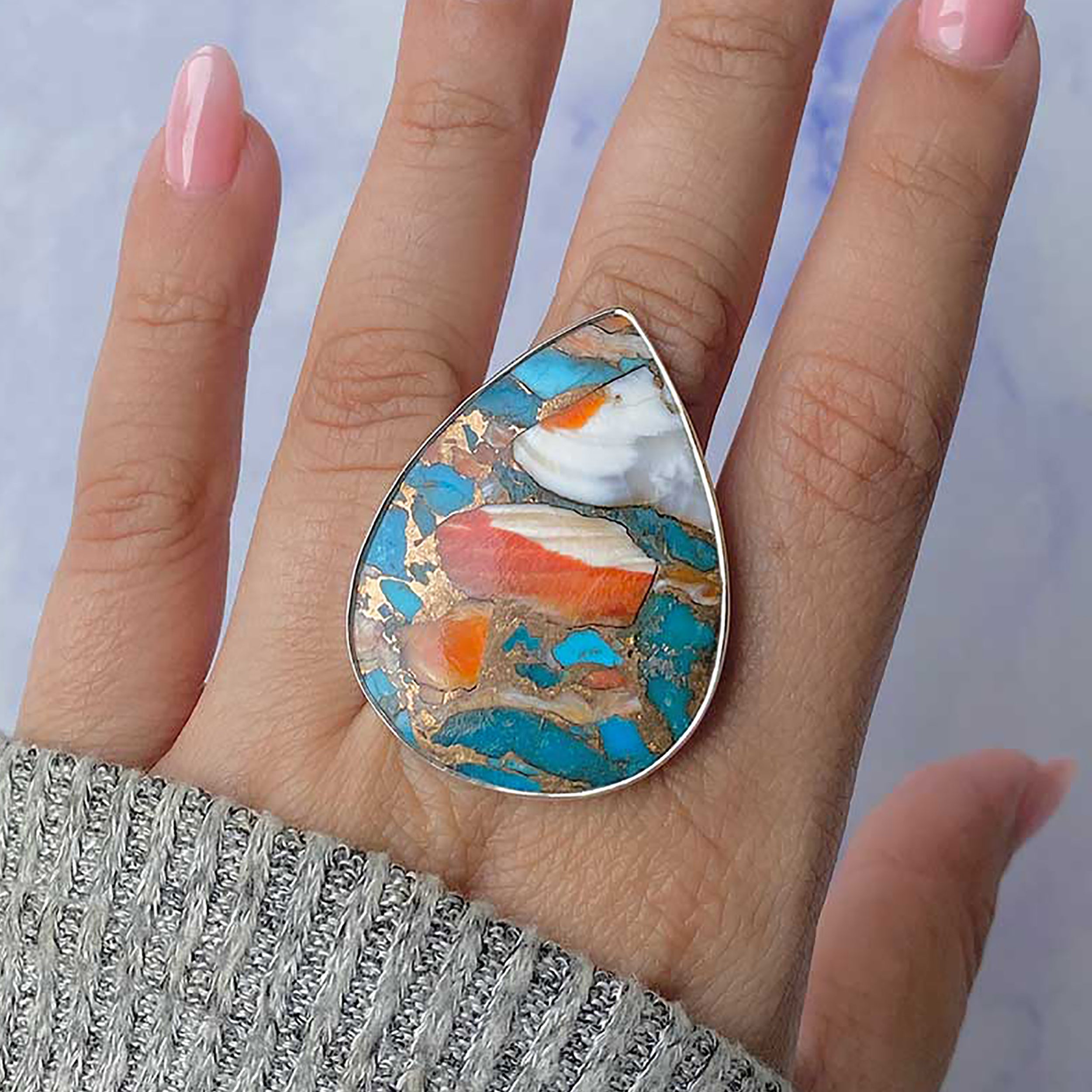 Spiny Oyster Turquoise Adjustable Ring-(TRO-R-88.)