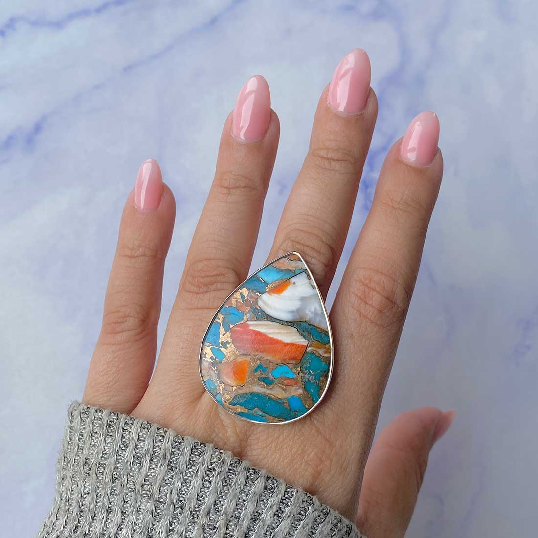 Spiny Oyster Turquoise Adjustable Ring-(TRO-R-88.)