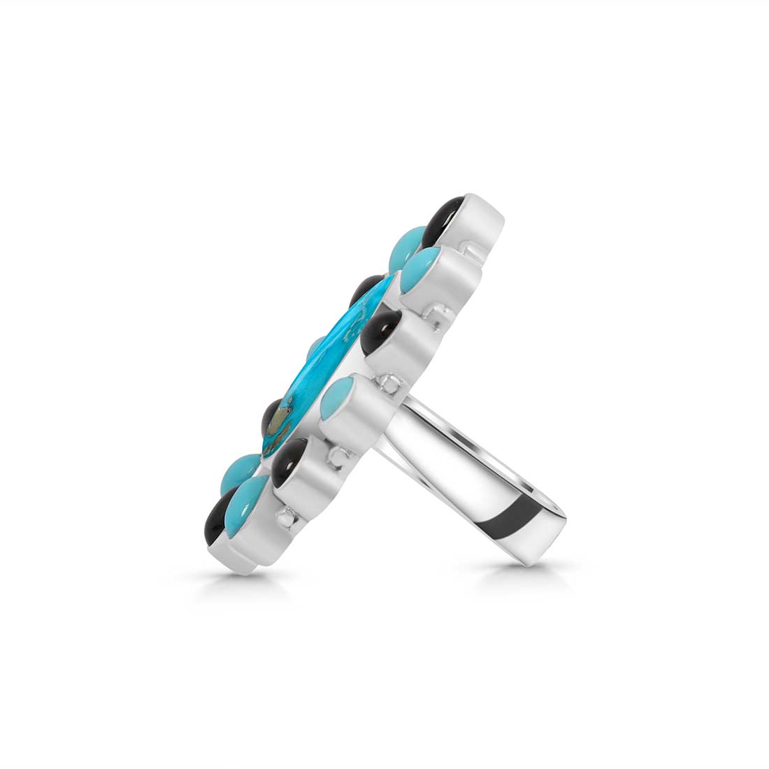 Turquoise And Black Onyx Adjustable Ring-(TRQ-FLR-5.)
