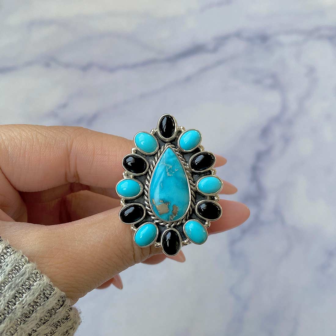Turquoise And Black Onyx Adjustable Ring-(TRQ-FLR-5.)