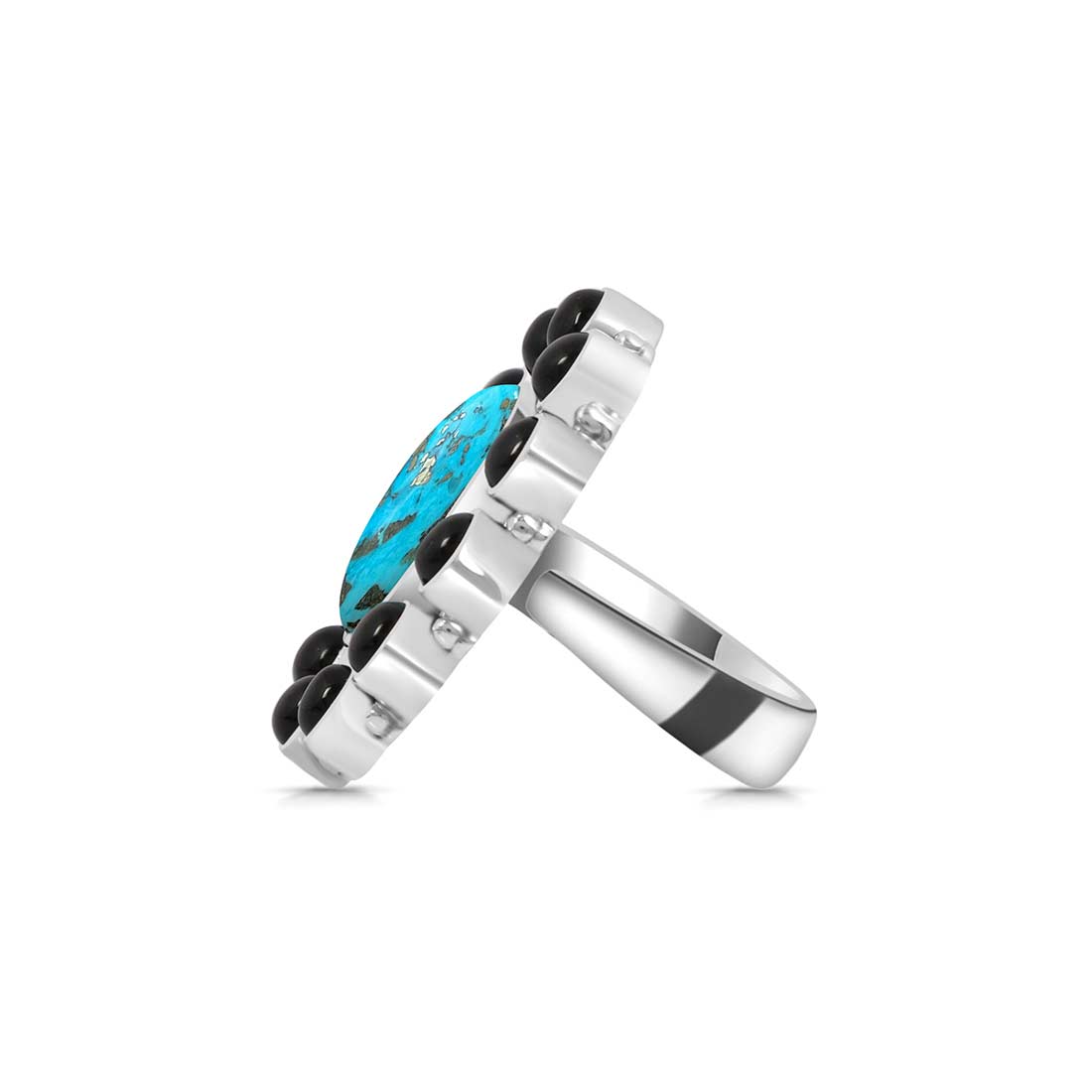 Turquoise And Black Onyx Adjustable Ring-(TRQ-FLR-6.)