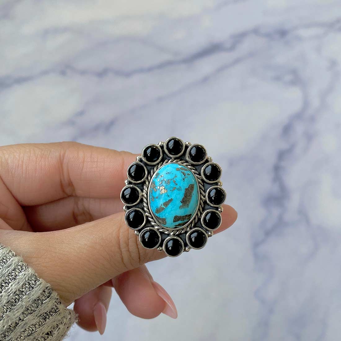 Turquoise And Black Onyx Adjustable Ring-(TRQ-FLR-6.)