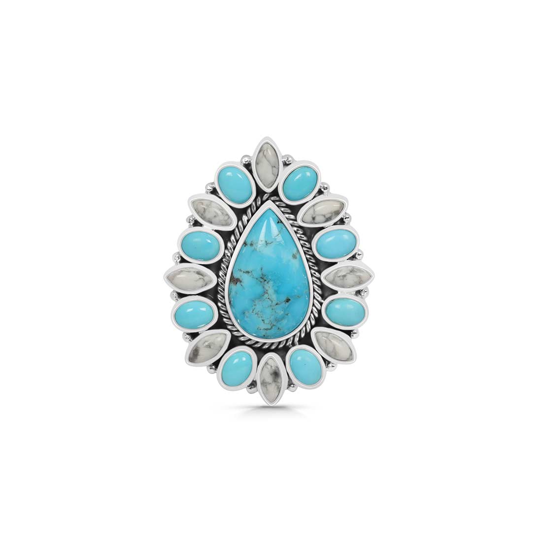 Turquoise and Howlite Flower Statement Adjustable Ring-(TRQ-FLR-15.)