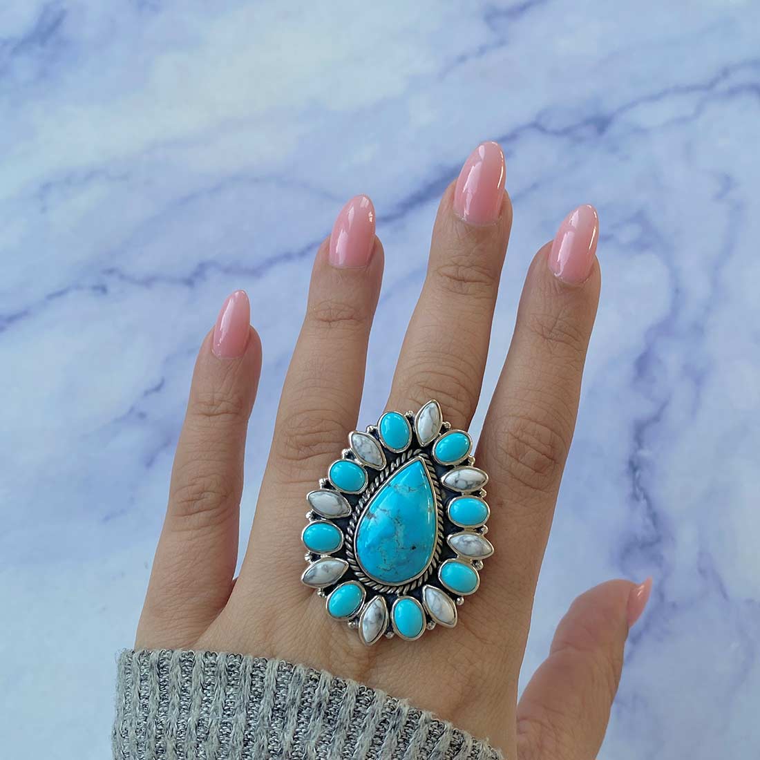 Turquoise and Howlite Flower Statement Adjustable Ring-(TRQ-FLR-15.)
