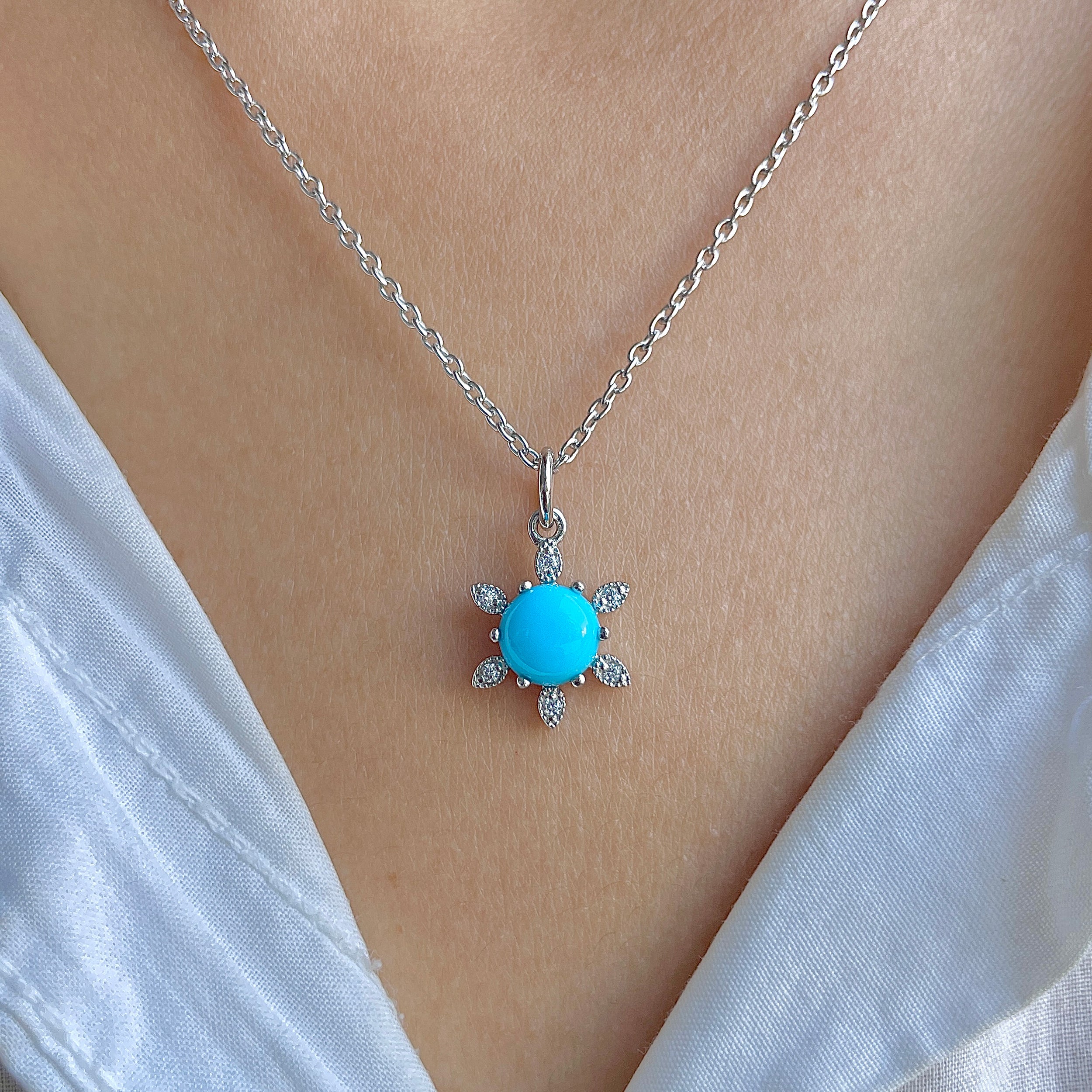 Turquoise & White Topaz Necklace-(TRQ-RDN-75.)