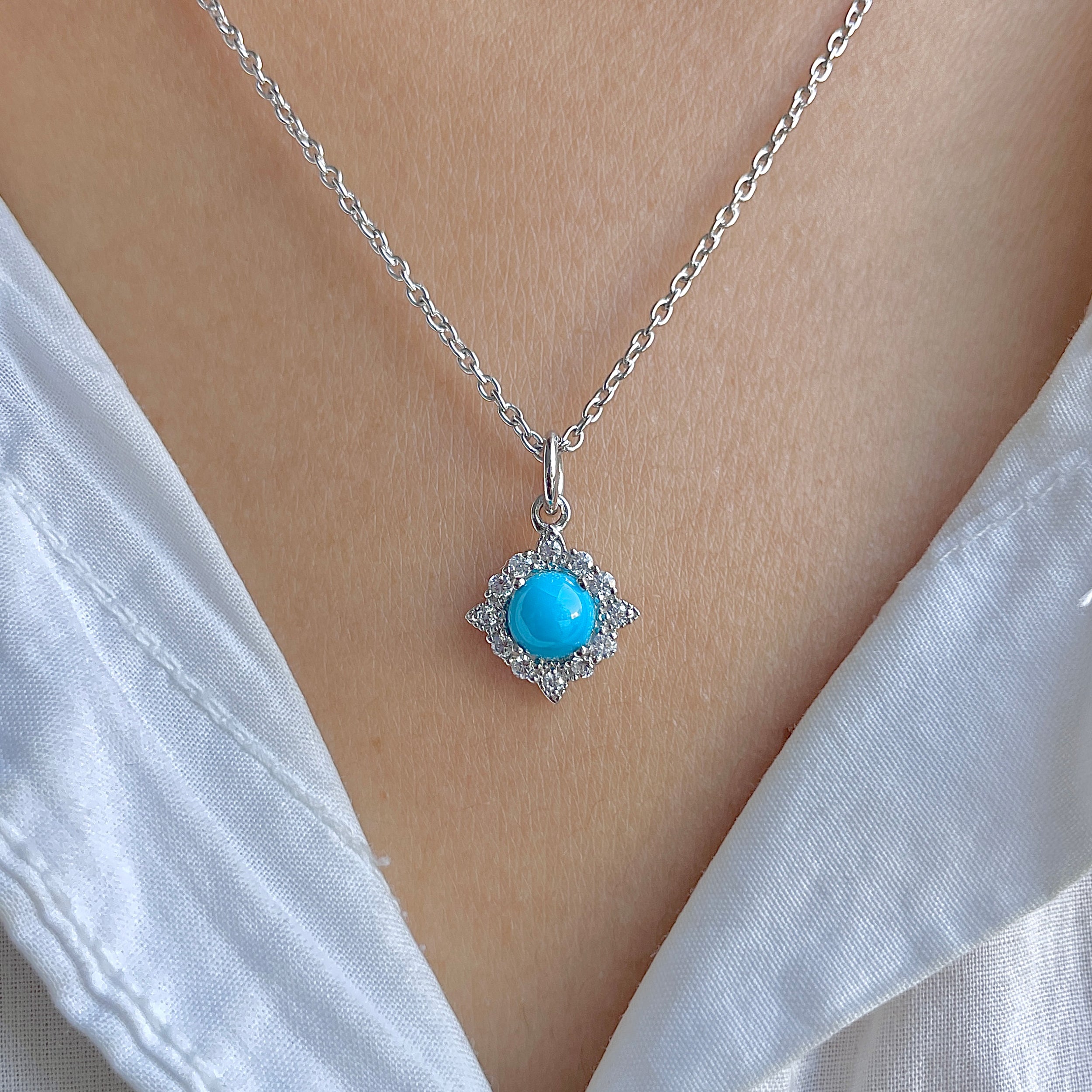 Turquoise & White Topaz Necklace-(TRQ-RDN-77.)