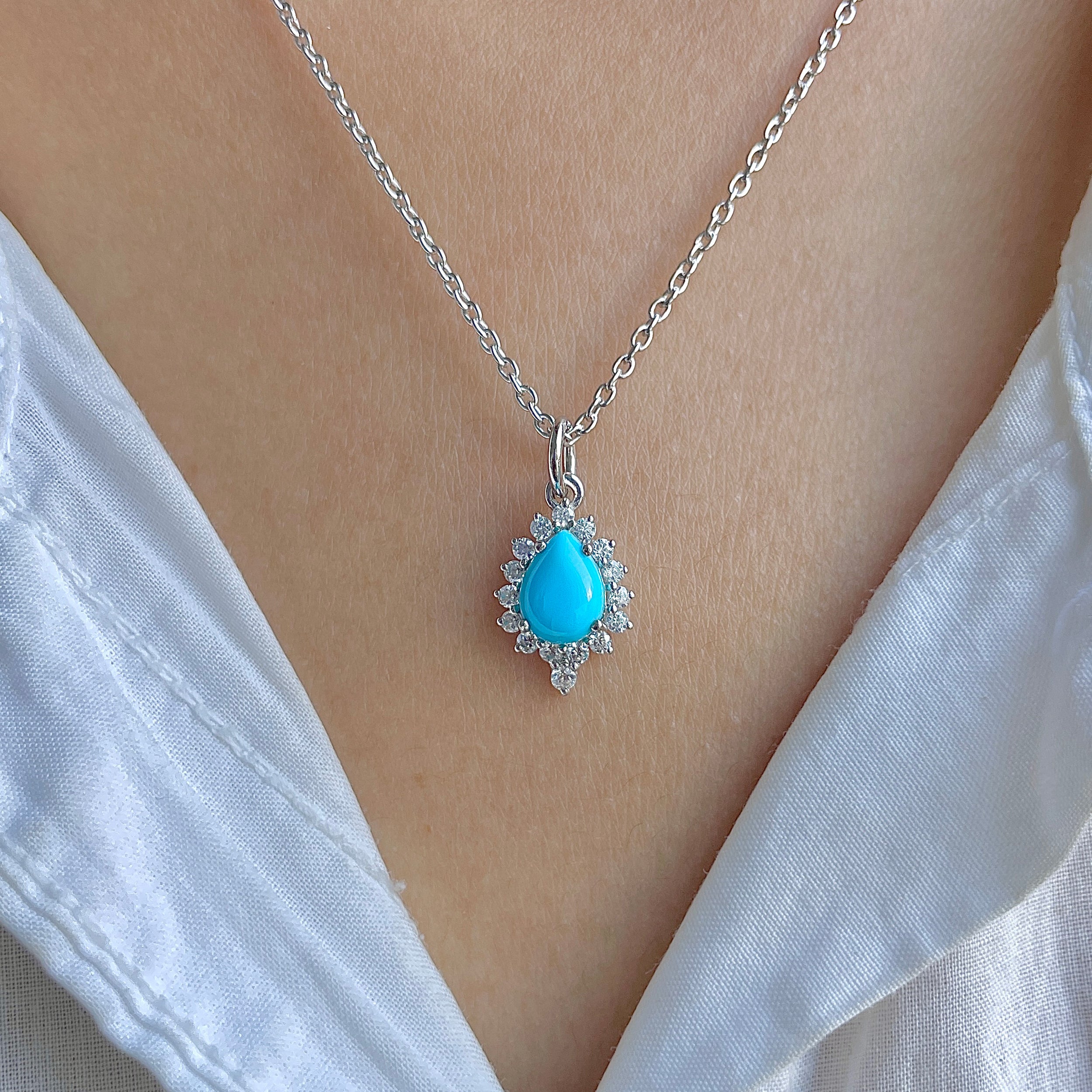 Turquoise & White Topaz Necklace-(TRQ-RDN-79.)