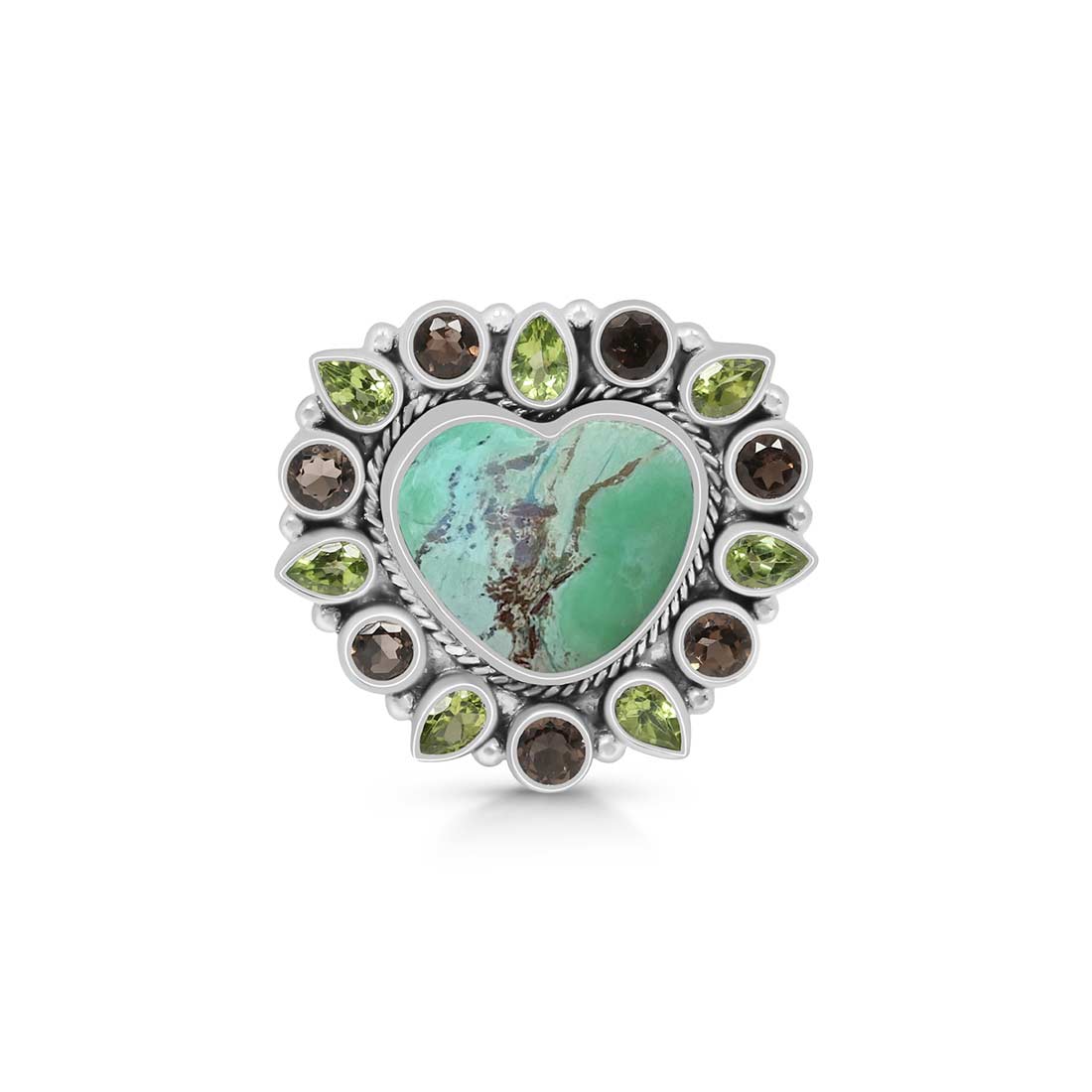 Variscite, Smoky And Peridot Flower Adjustable Ring-(VRC-FLR-4.)