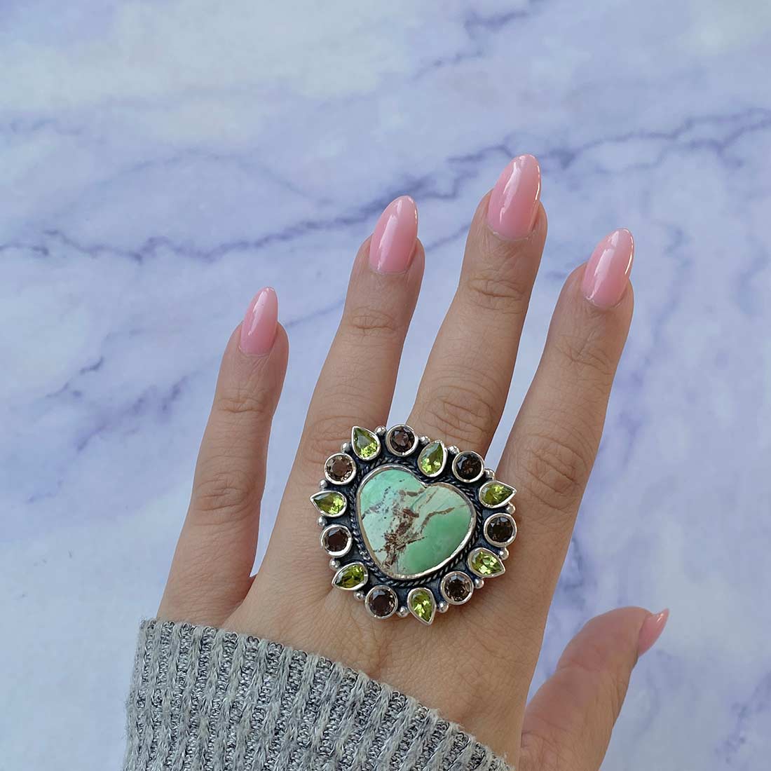 Variscite, Smoky And Peridot Flower Adjustable Ring-(VRC-FLR-4.)