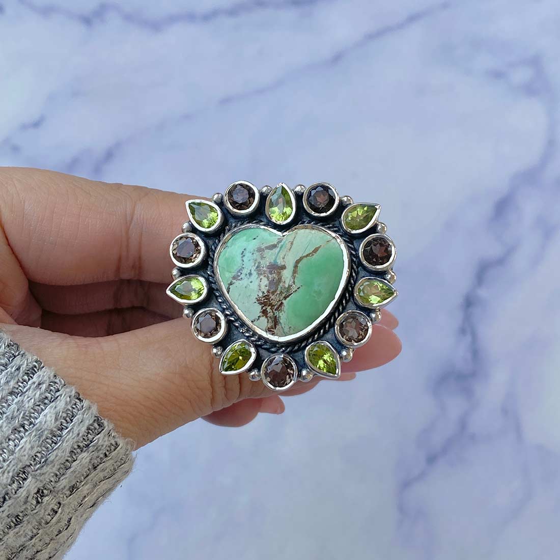 Variscite, Smoky And Peridot Flower Adjustable Ring-(VRC-FLR-4.)